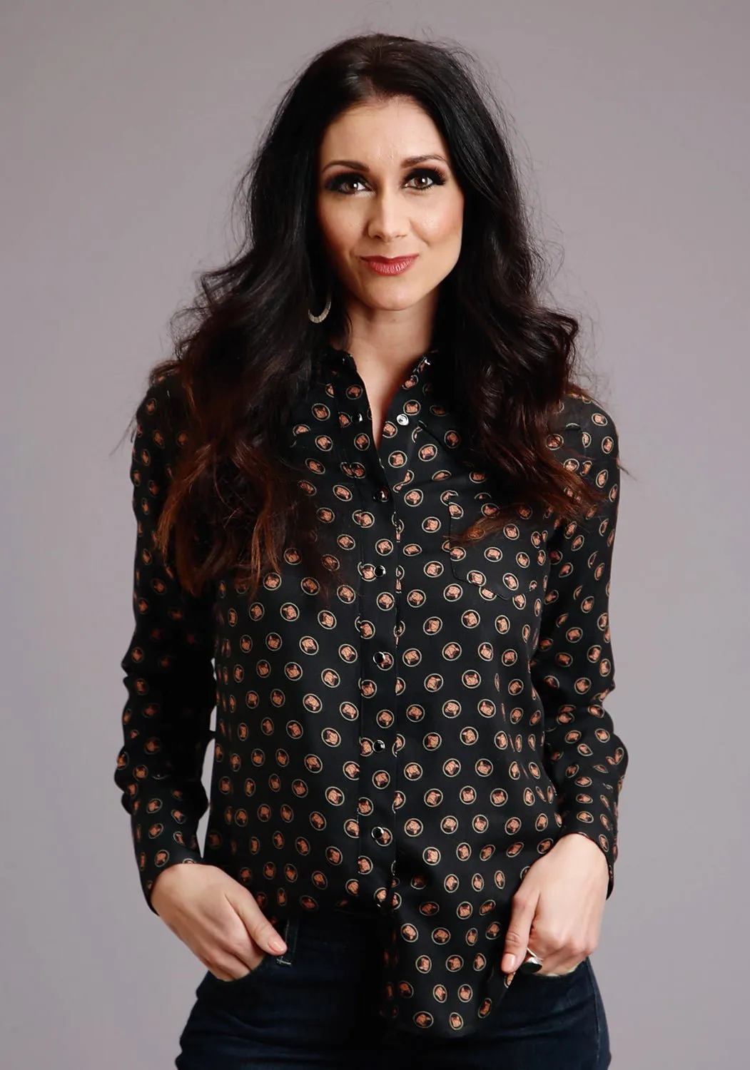 Night Out Rainy Day Always Ready Stetson Womens Black Rayon/Nylon Horse Polkadot L/S Shirt