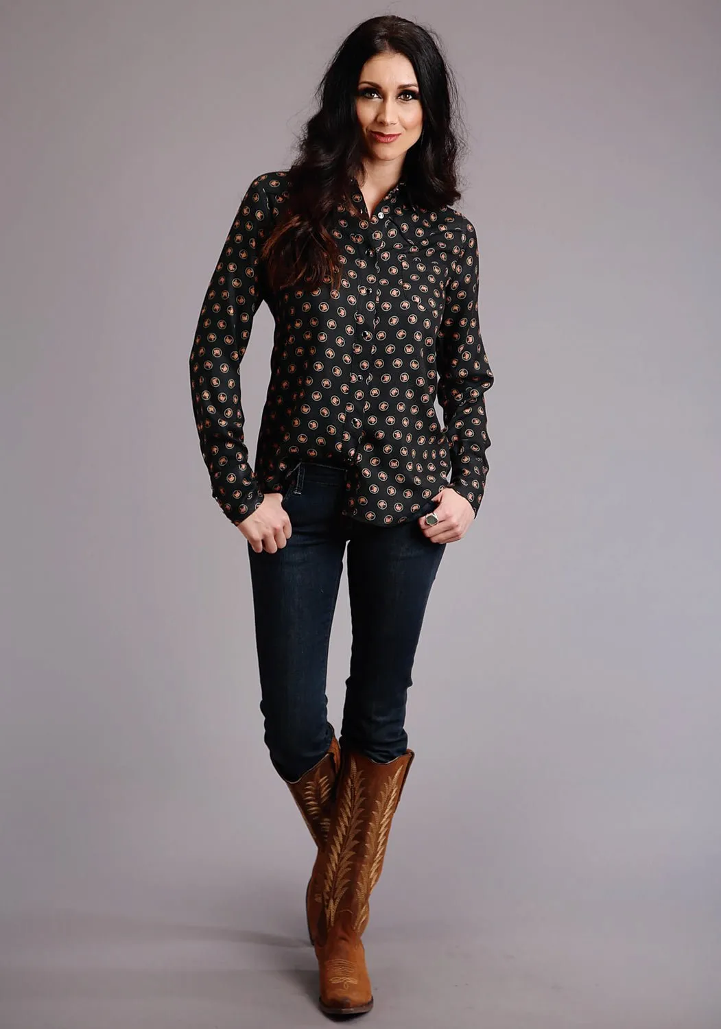 Reinforced Stitching Stetson Womens Black Rayon/Nylon Horse Polkadot L/S Shirt