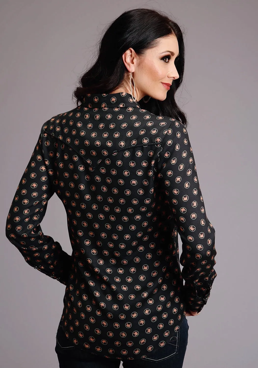 Winter Warmth Durable Essential Look Stetson Womens Black Rayon/Nylon Horse Polkadot L/S Shirt
