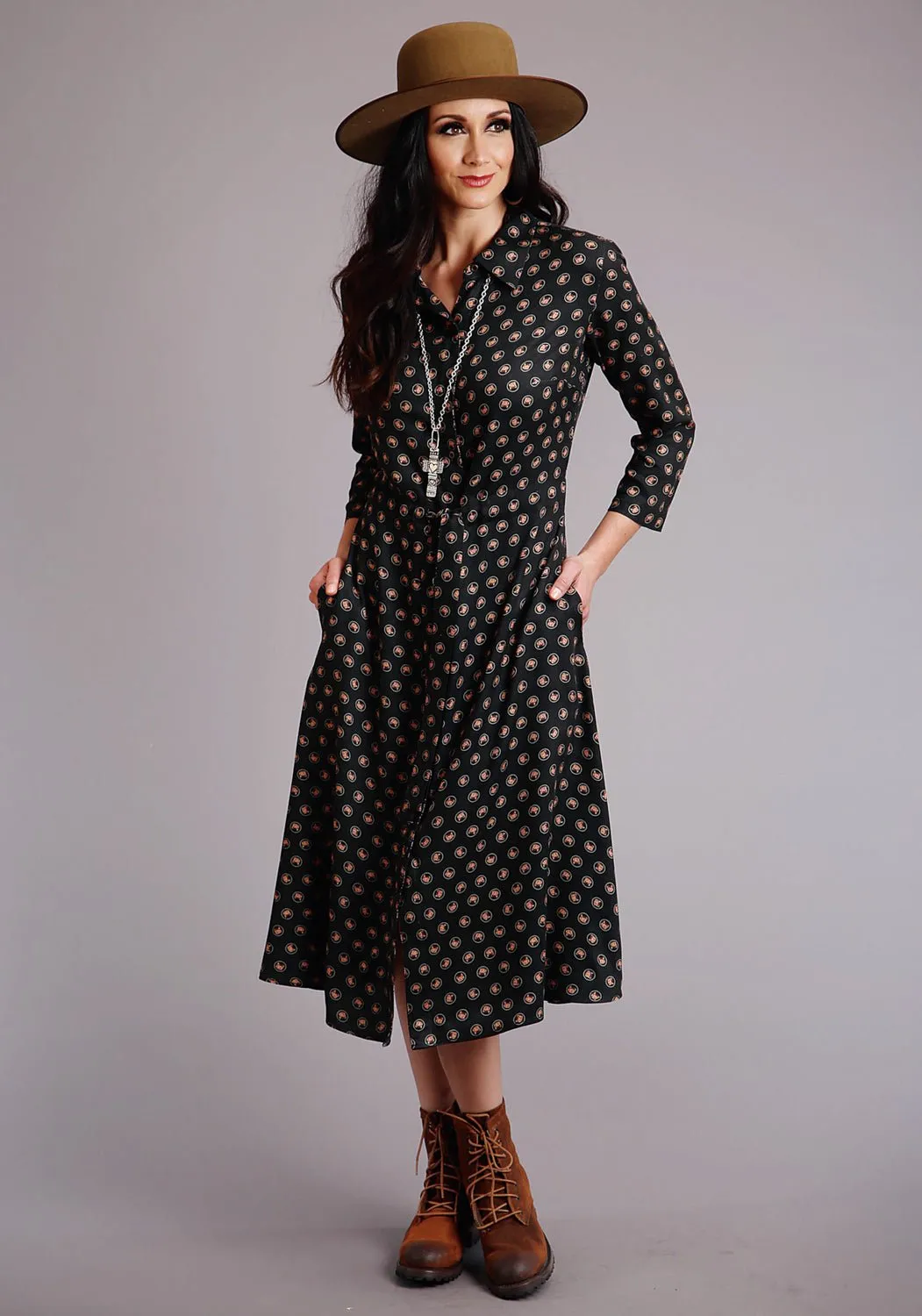 Stetson Womens Black Rayon/Nylon Horse Polkadot S/S Dress Party Look Luxury Reliable Fit