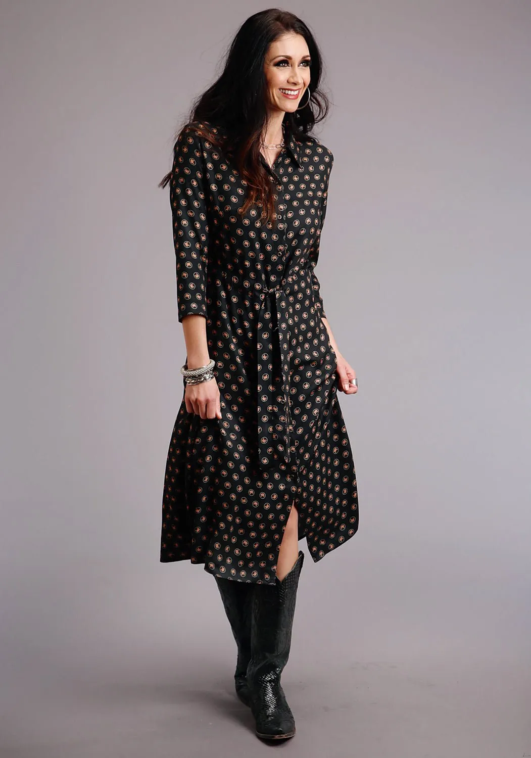 Stetson Womens Black Rayon/Nylon Horse Polkadot S/S Dress Casual Wear Sleek Waist