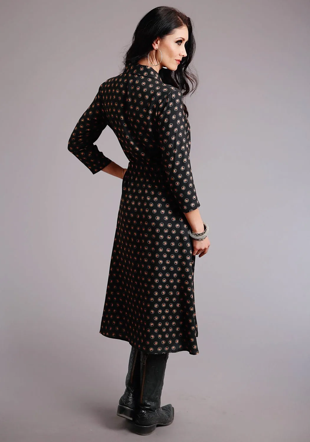 Daily Attire Stetson Womens Black Rayon/Nylon Horse Polkadot S/S Dress