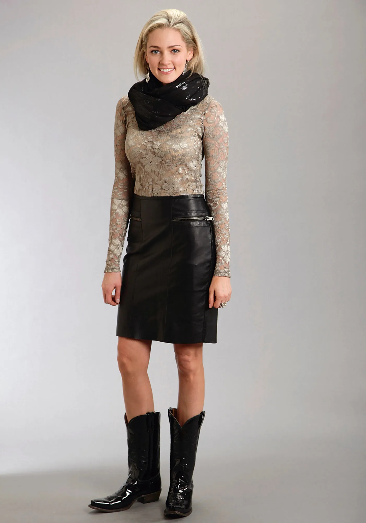 Stretch Denim Technology Stetson Womens Black Smooth Lamb Leather Pencil Skirt Back Slit Biker