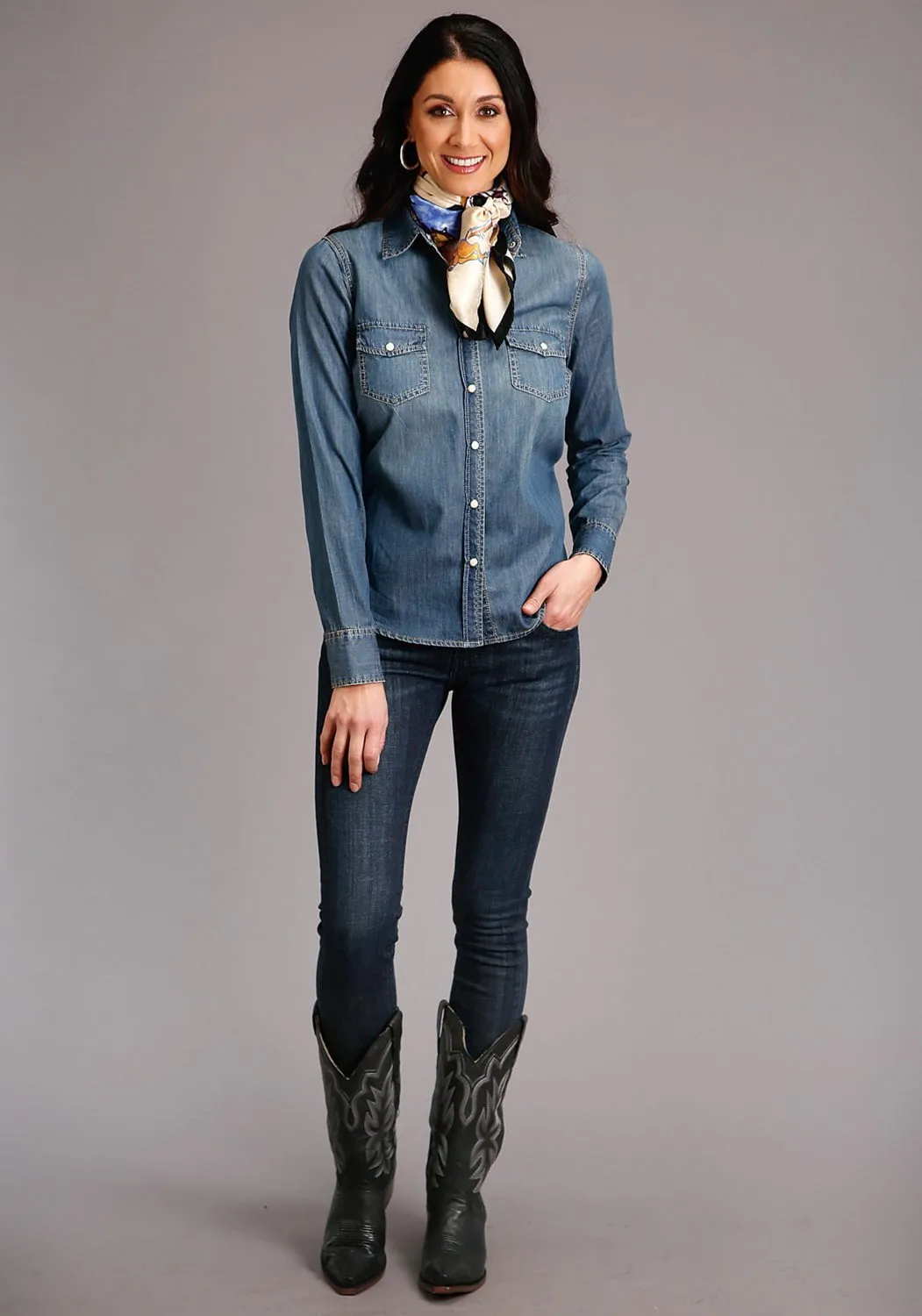 Stetson Womens Blue 100% Cotton Boyfriend Fit L/S Denim Shirt Elegant Minimalist Outdoor Adventure