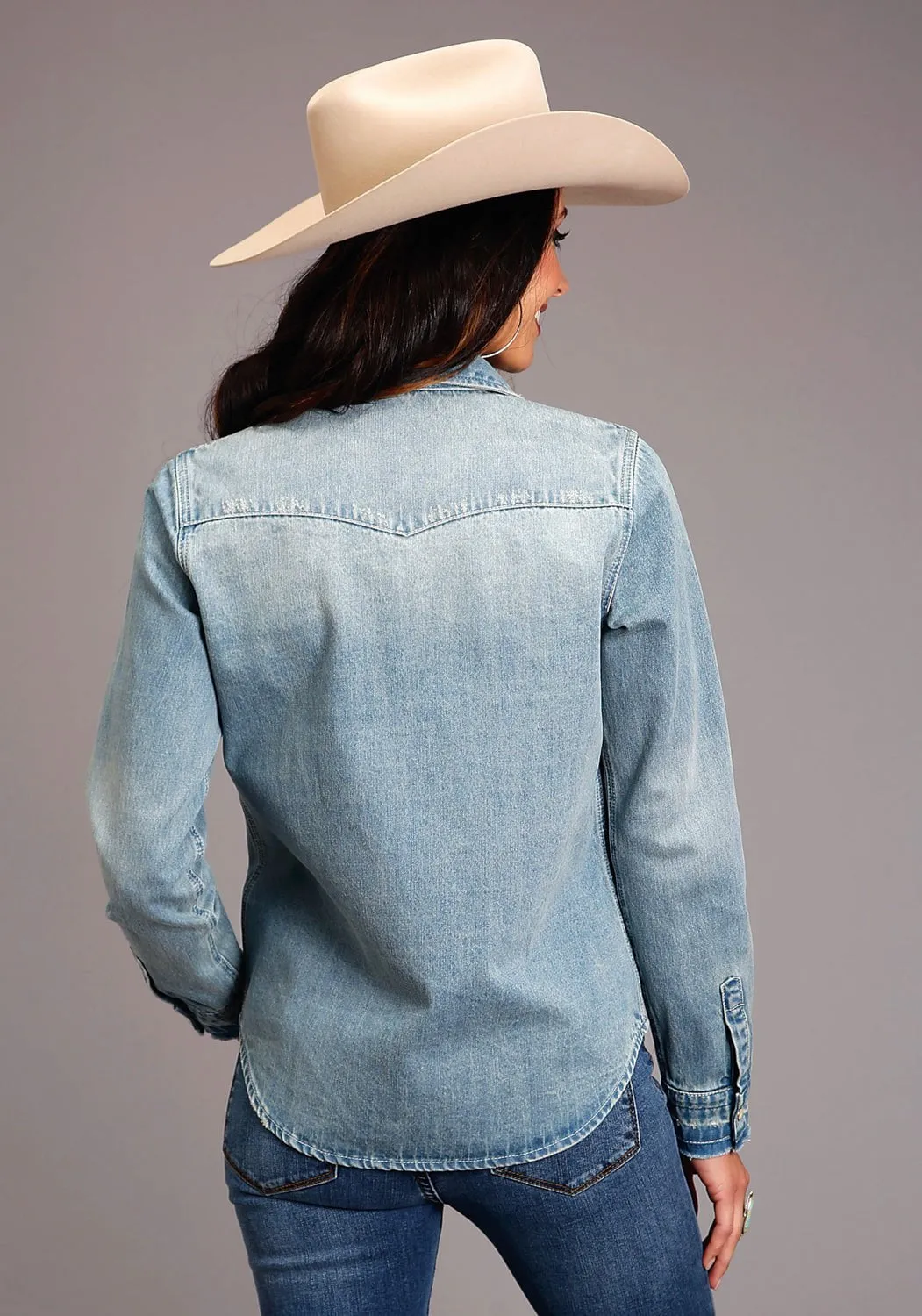 Stetson Womens Blue 100% Cotton Loose Fitting L/S Blouse Textured Party Look Soft