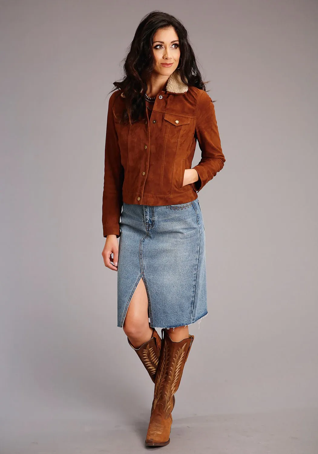 Quick Matchup Stetson Womens Blue 100% Cotton Slit Center Denim Midi Skirt
