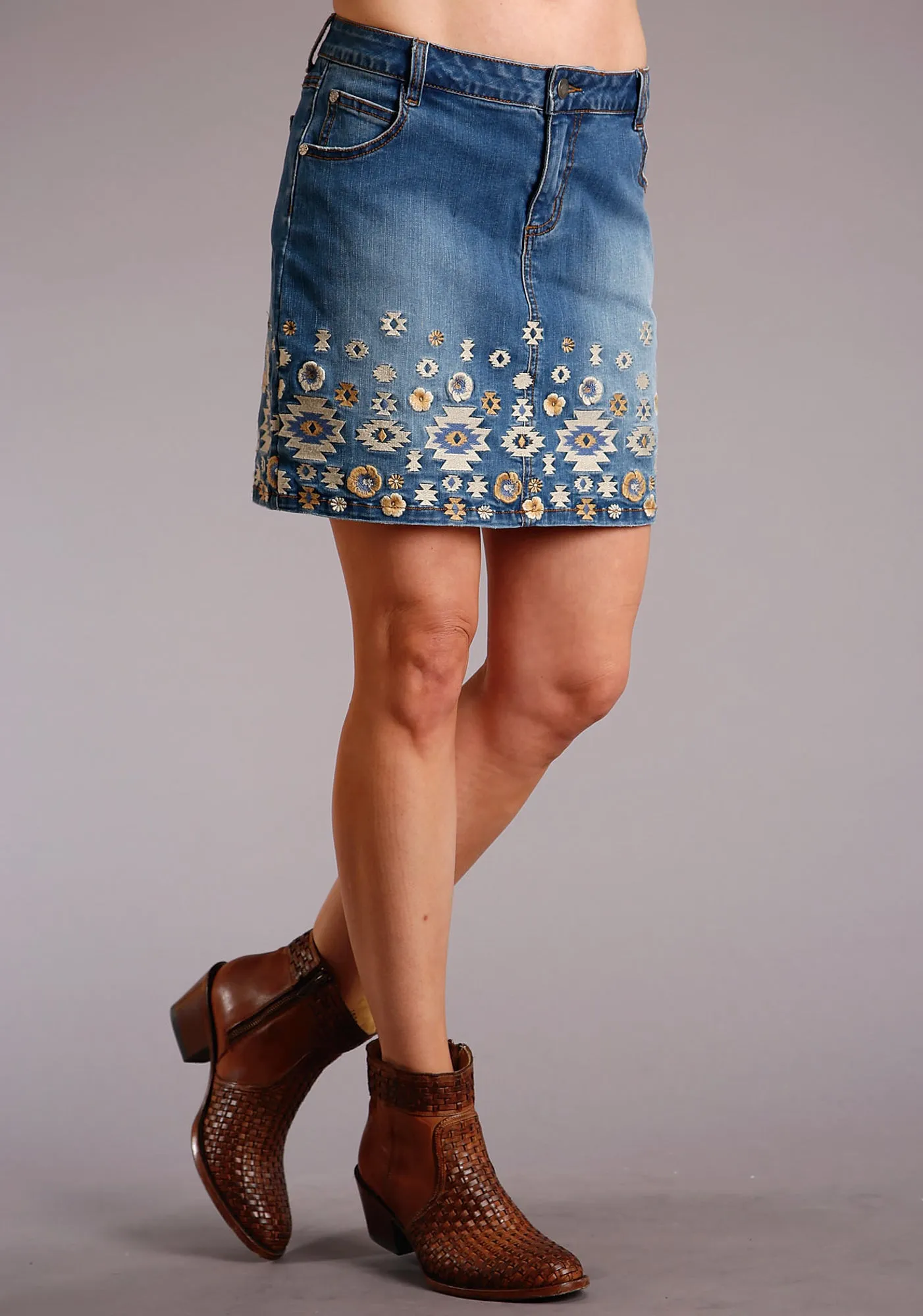 Stetson Womens Blue Cotton Blend Aztec Floral Stitch Skirt Comfortable Appearance Low Maintenance Fabric