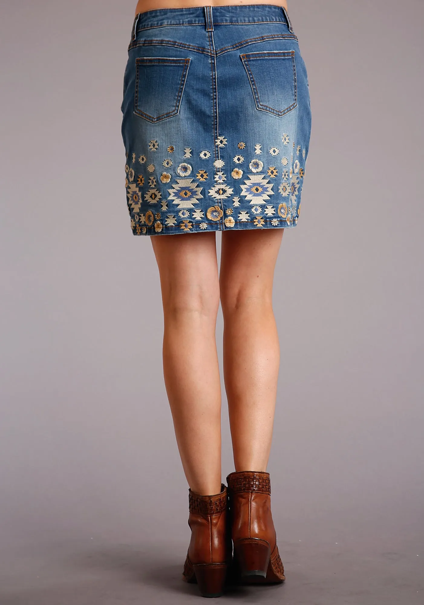 Festival Outfit Professional Wear Garment Washed Softness Stetson Womens Blue Cotton Blend Aztec Floral Stitch Skirt
