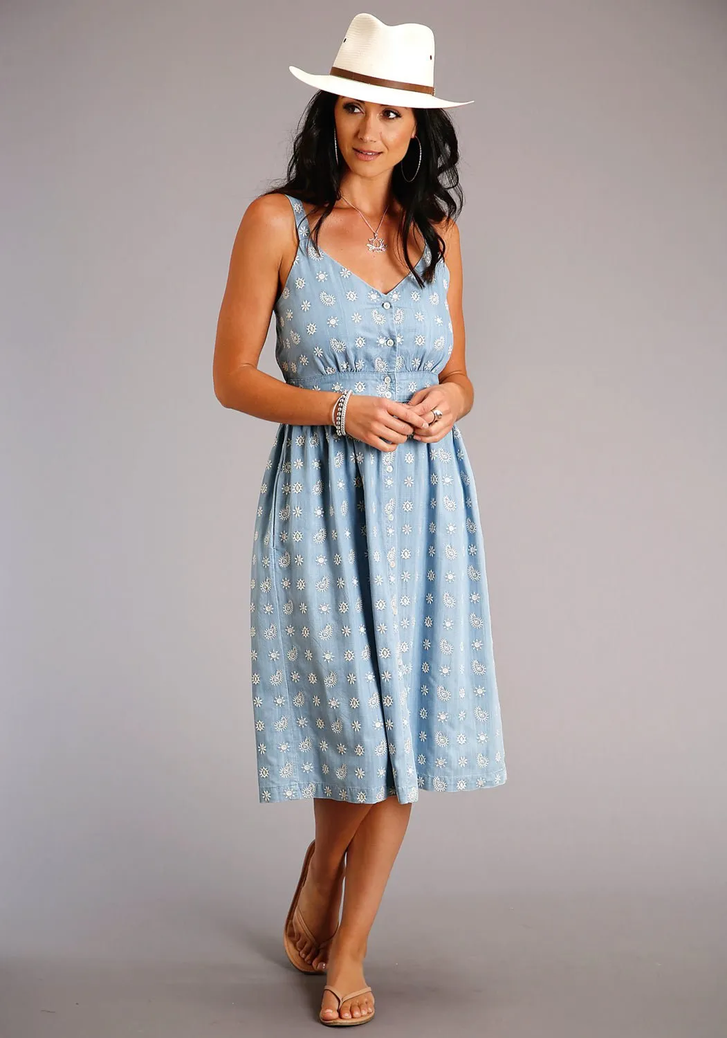 Stetson Womens Blue Denim Paisley Schiffli S/L Tank Dress Circular Knit Construction Street Fashion Breathable