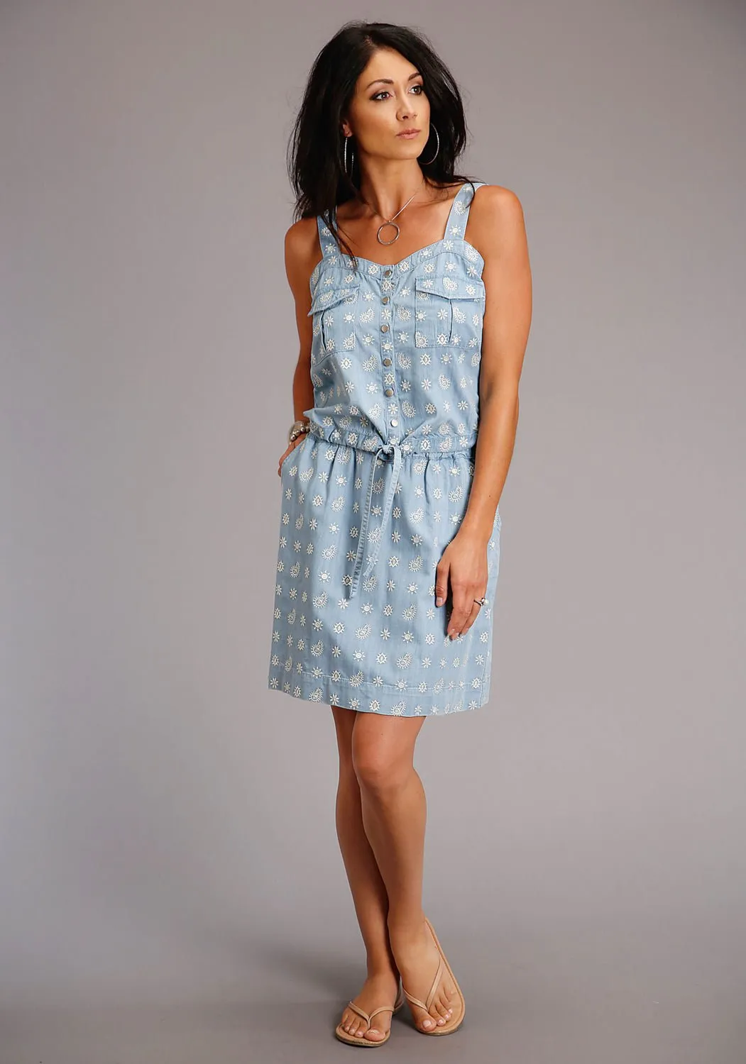 Non Chafe Seams Flexible Shoulder Panels Stetson Womens Blue Denim Schiffli S/L Tank Top