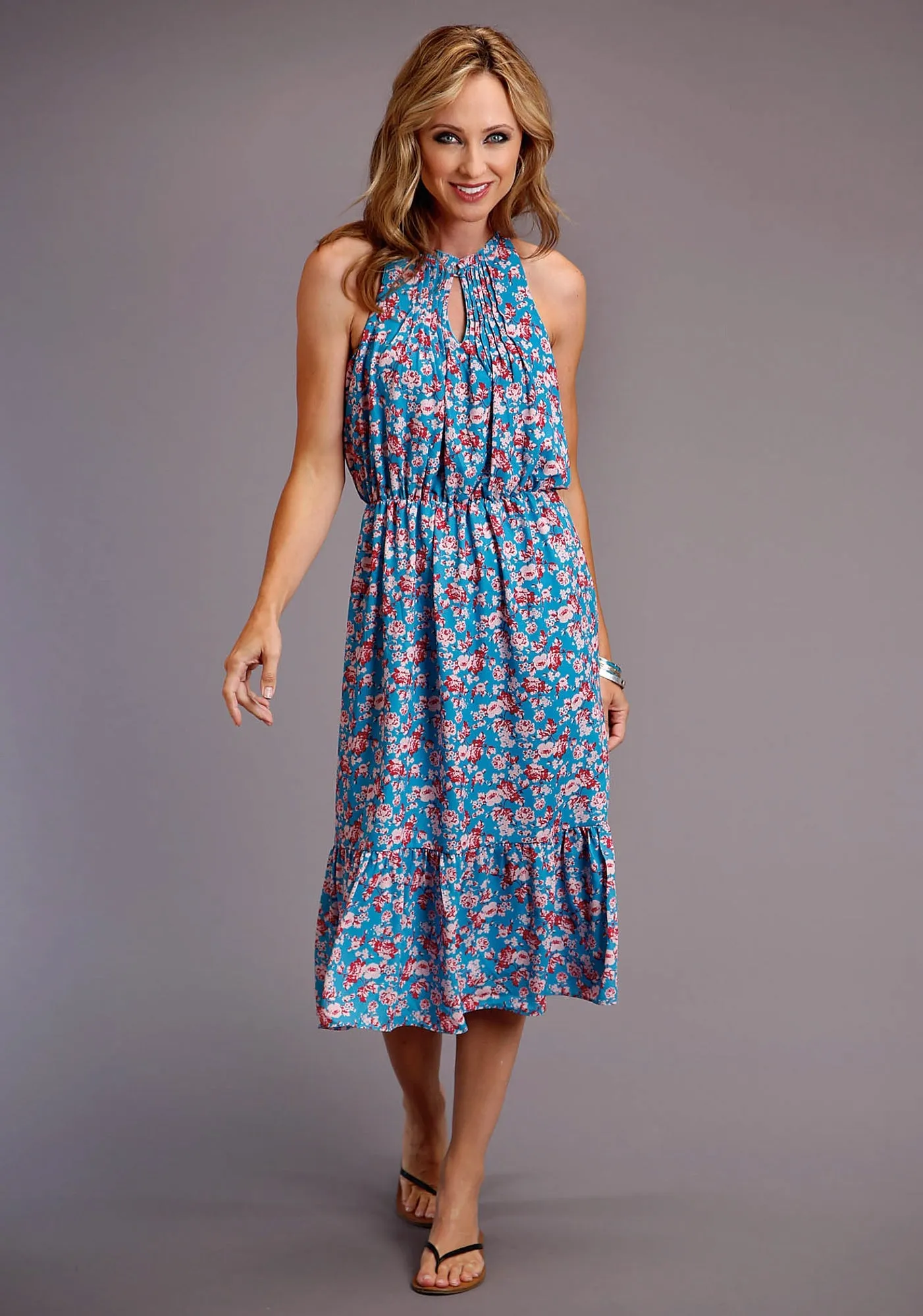 Casual Student Outfit Low Impact Processing Stetson Womens Blue Multi Polyester Mid-Calf Floral S/L Dress