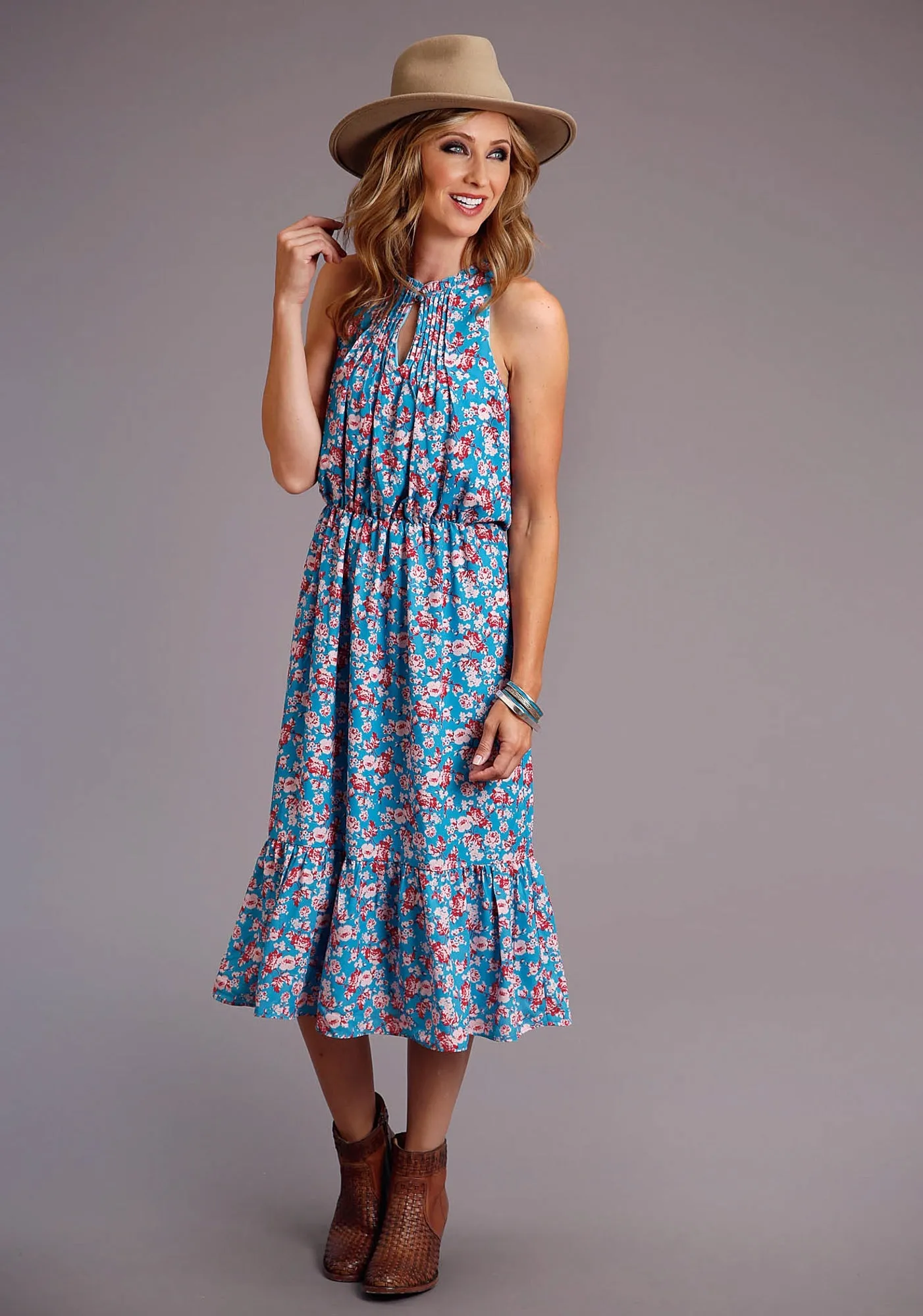 Any Time Wear Stylish Choice Stetson Womens Blue Multi Polyester Mid-Calf Floral S/L Dress