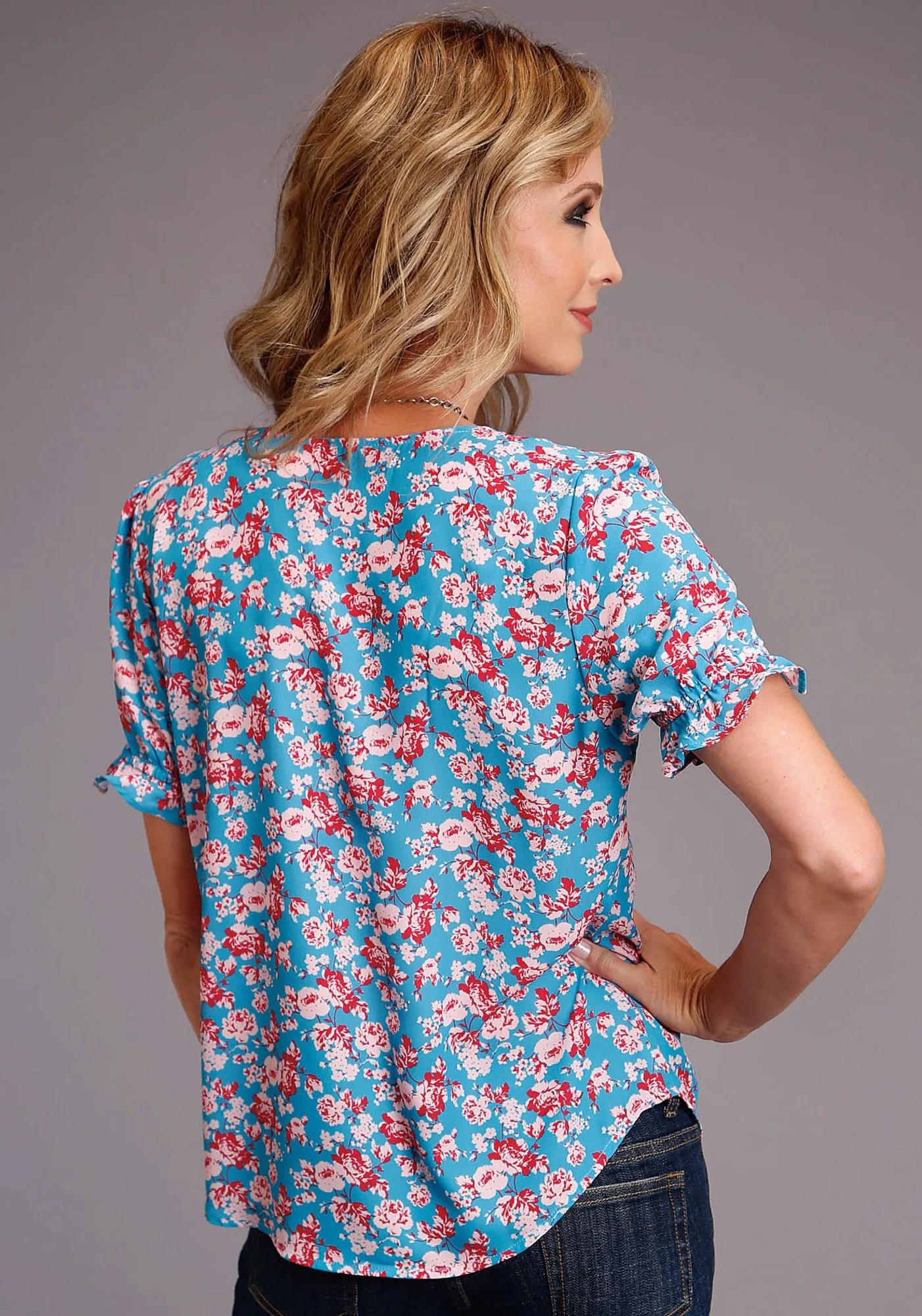 Stetson Womens Blue Polyester Multi-Color Floral S/S Blouse Minimal Look Road Trip Ready