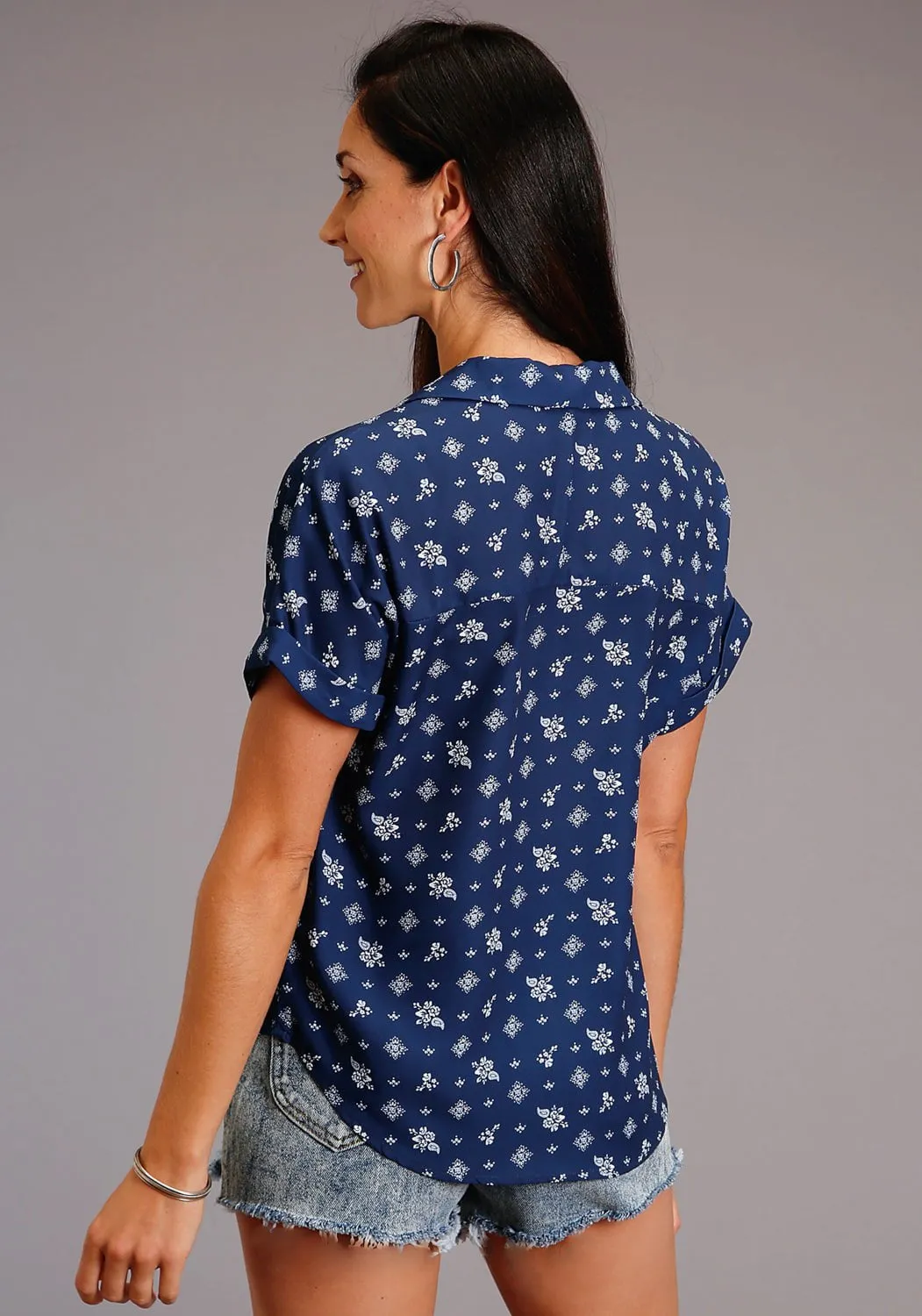 Denim Blend Gym Appropriate Stetson Womens Blue Rayon/Nylon Vintage Ditzy S/S Blouse