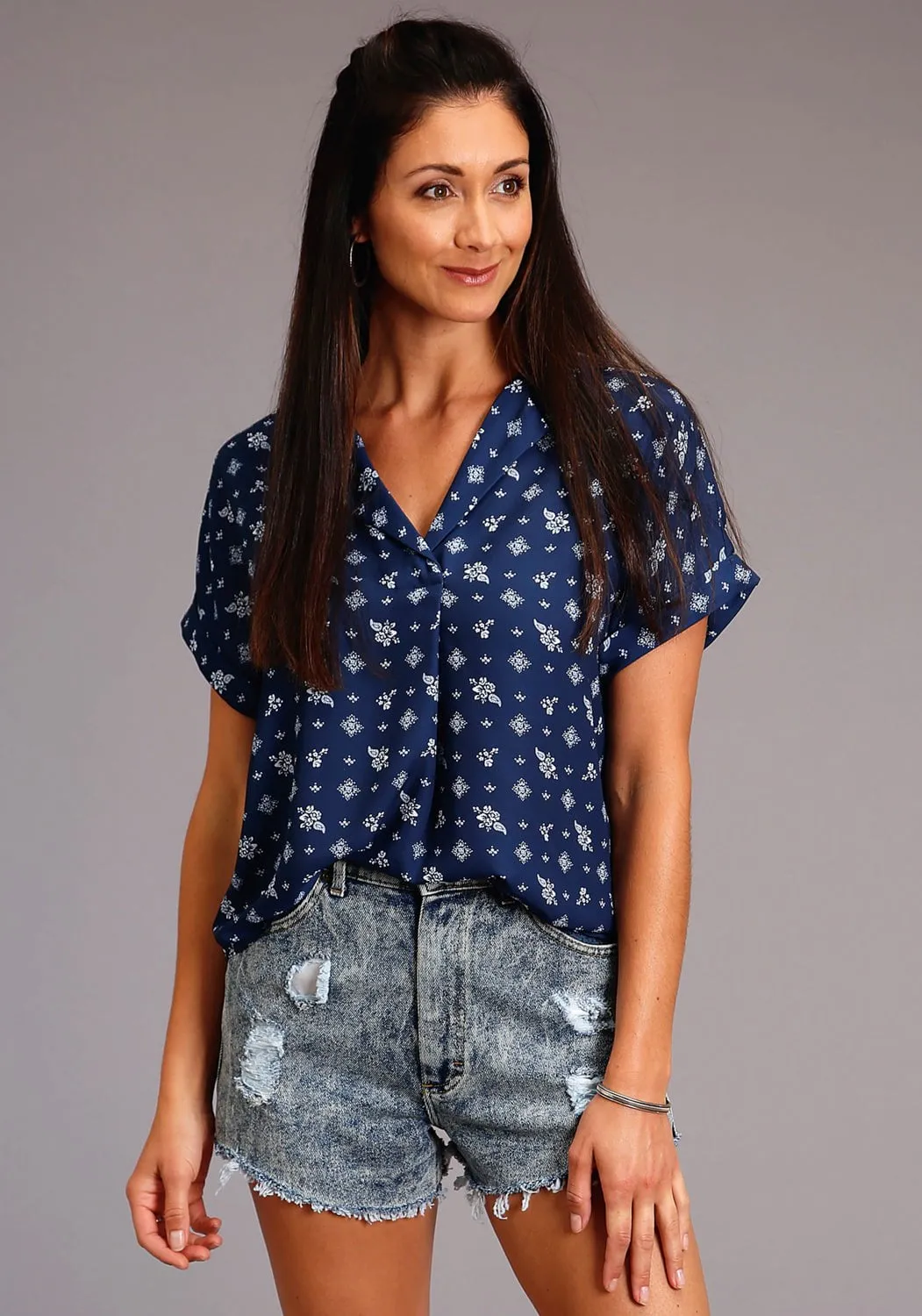 Stetson Womens Blue Rayon/Nylon Vintage Ditzy S/S Blouse hypoallergenic material Pre Shrunk Cotton Blend