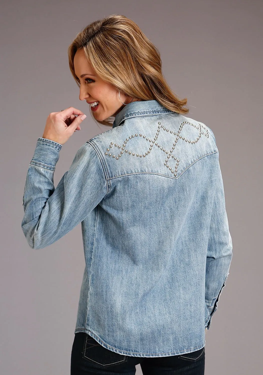 Stetson Womens Boyfriend Fit Stud Blue 100% Cotton L/S Shirt Inner Layer