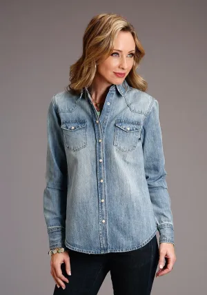 Stetson Womens Boyfriend Fit Stud Blue 100% Cotton L/S Shirt Dark Hue Relaxed Look Stetson Womens Boyfriend Fit Stud Blue 100% Cotton L/S Shirt