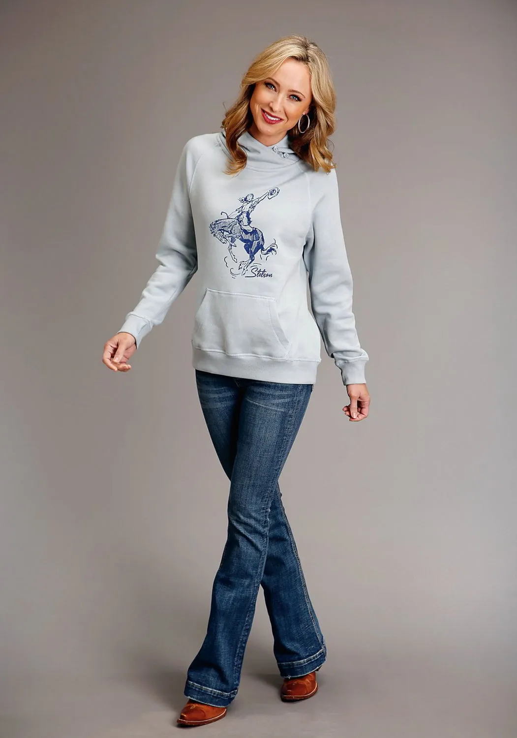 Stetson Womens Bronc Rider Blue Fog Cotton Blend Hoodie Everyday Motion Neutral Daily Wear