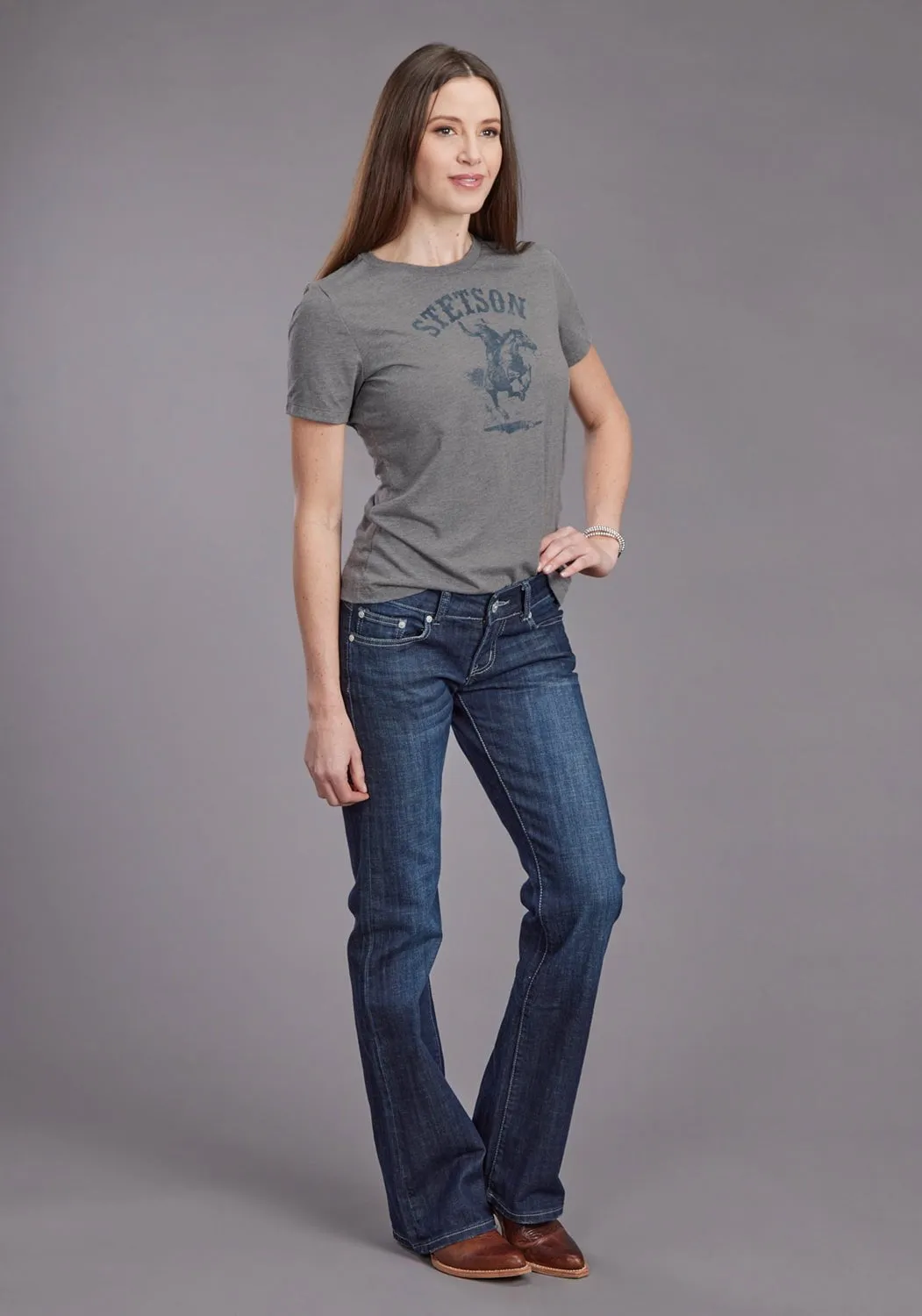 Trendsetting Design Stetson Womens Bronc Rider Grey Cotton Blend S/S T-Shirt