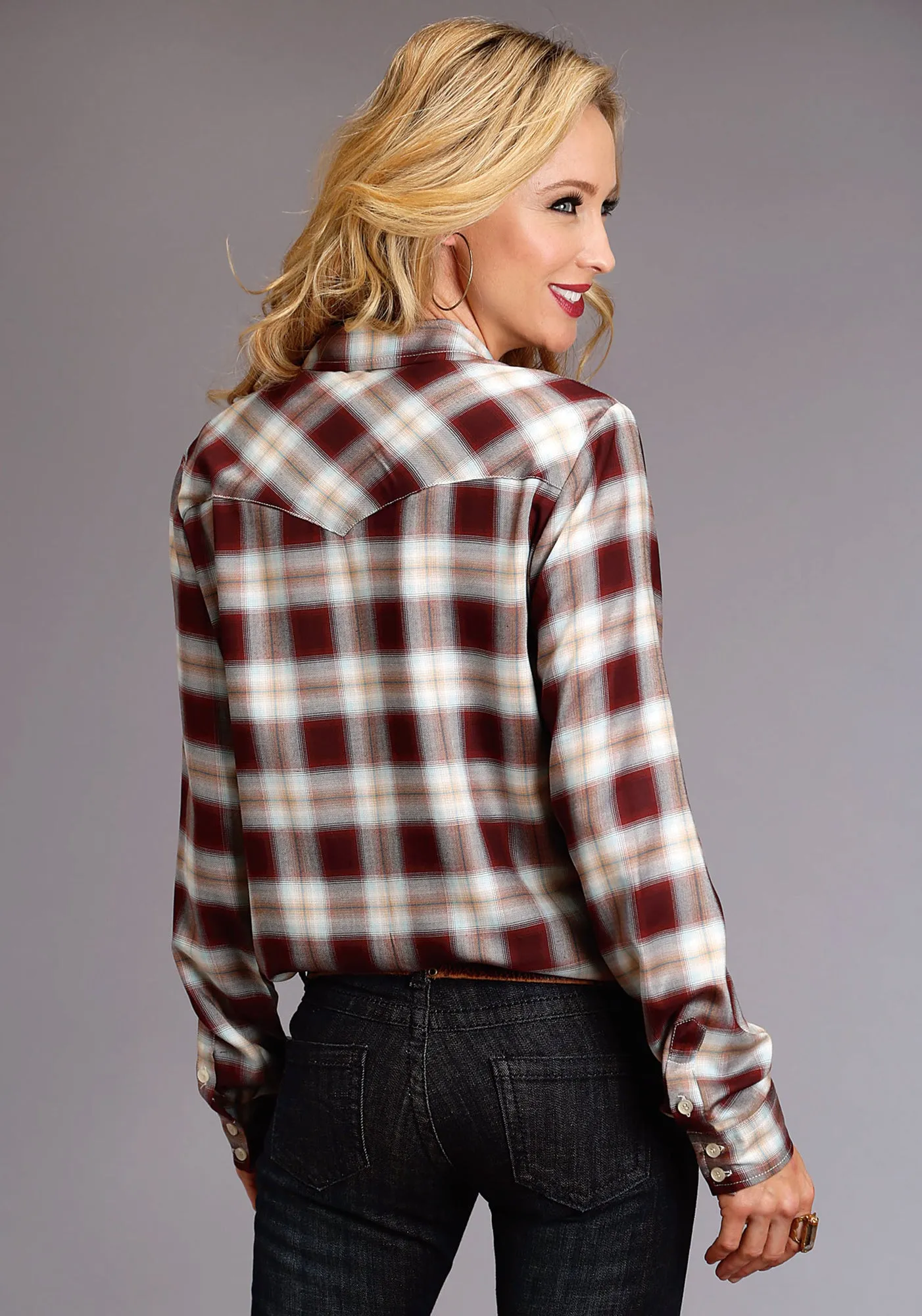 Flat Lock Stitching Permanent Crease Retention Stetson Womens Brown Rayon/Nylon Harvest Plaid BD L/S Shirt