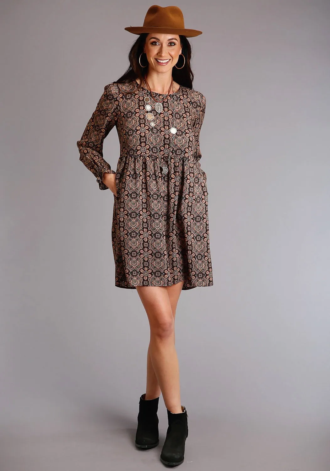 Non Fade Fabric Stetson Womens Brown Rayon/Nylon Paisley Print L/S Dress