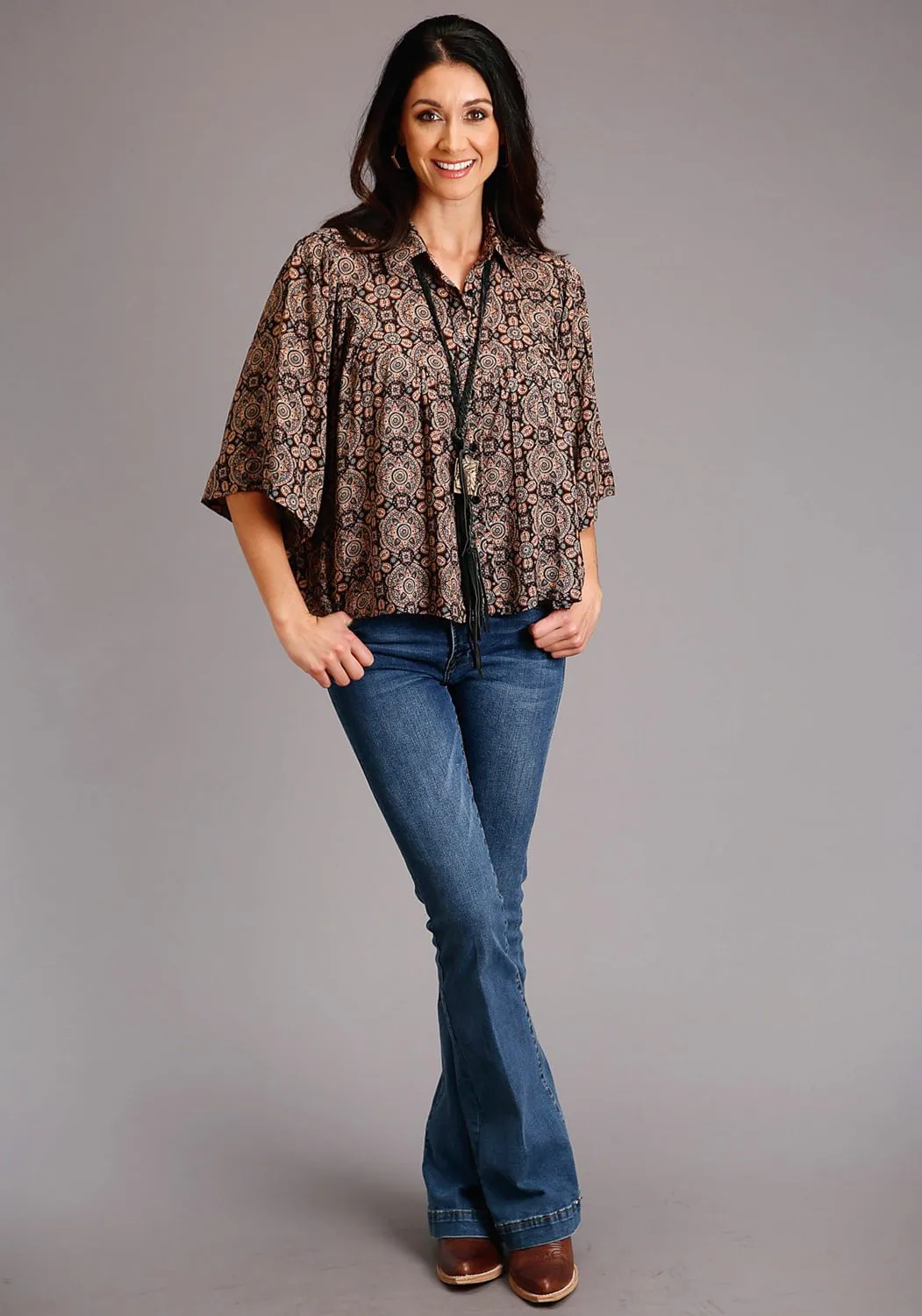 Eco-Friendly Choice Breathable fabric Stetson Womens Brown Rayon/Nylon Prairie Paisley S/S Blouse