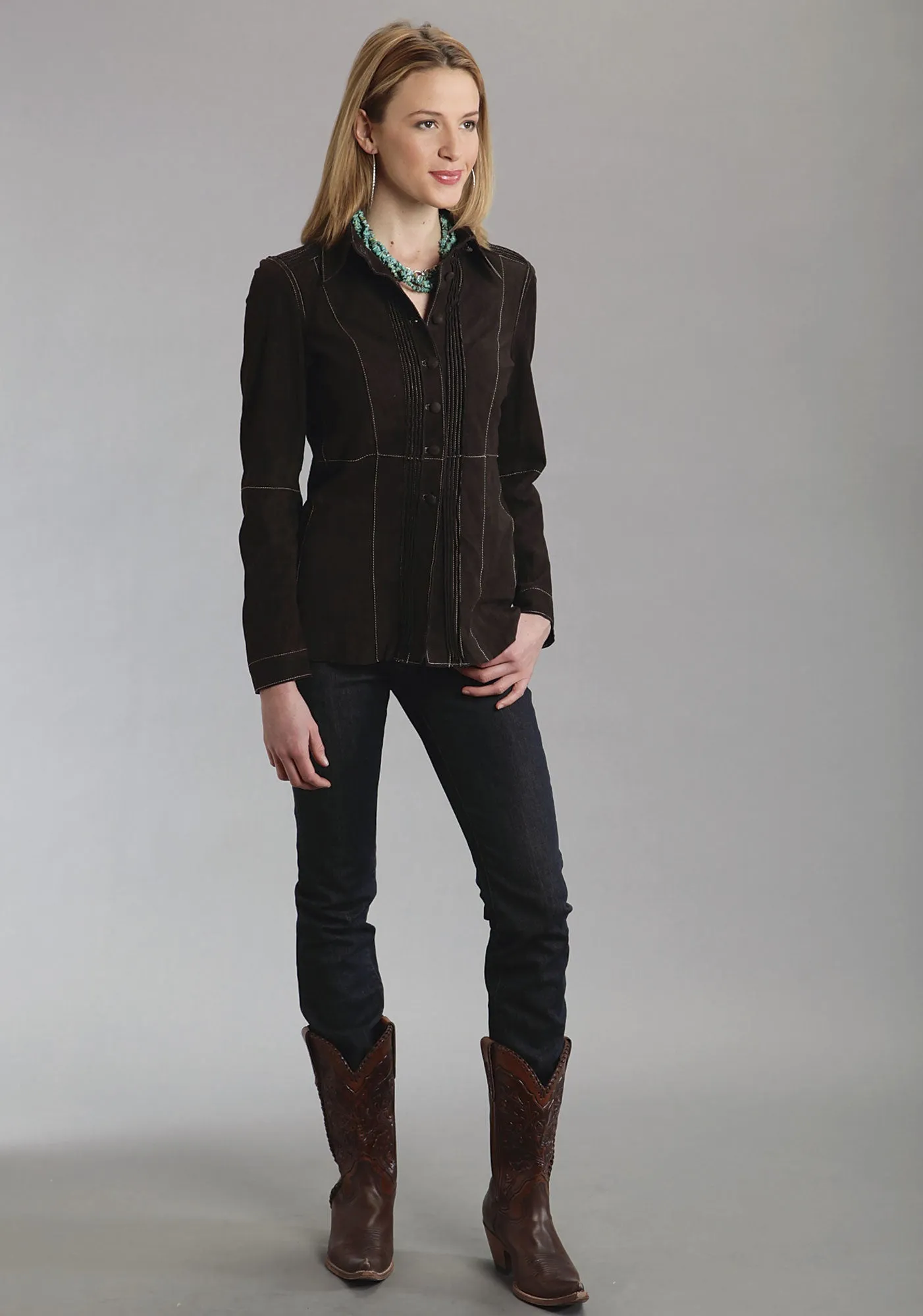 Stetson Womens Brown Suede Leather Jacket Shirt Car Coat Contrast Stitching Selvedge Denim Fashion Lover Minimalist