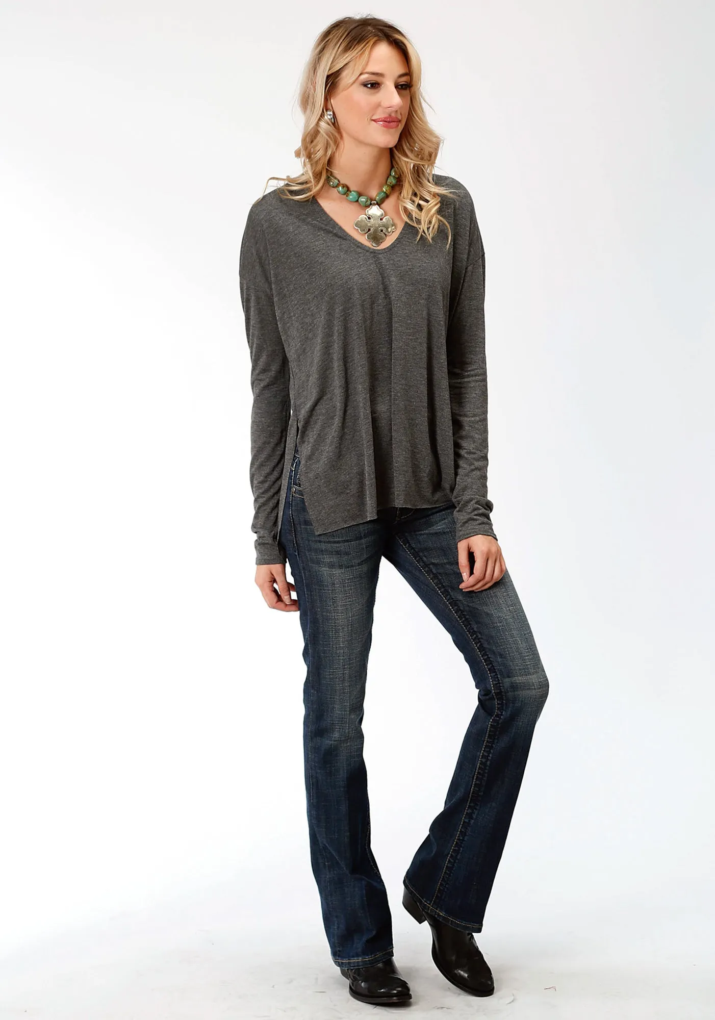 Weekend Style Stretch Bold Look Customizable Fit Stetson Womens Charcoal Heather Rayon Raw Edge L/S T-Shirt