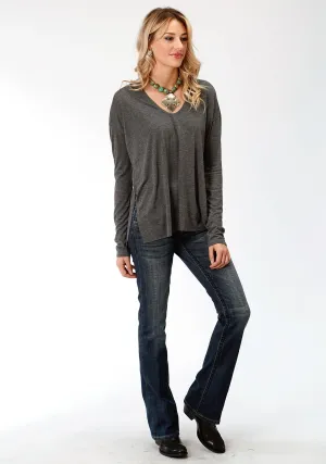 Stetson Womens Charcoal Heather Rayon Raw Edge L/S T-Shirt Relaxed Fit Weekend Style Stretch Bold Look Customizable Fit Stetson Womens Charcoal Heather Rayon Raw Edge L/S T-Shirt
