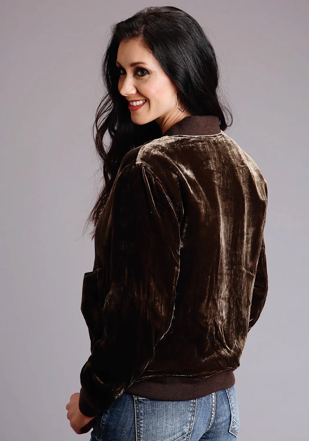 Stetson Womens Chocolate Bronze Rayon Velvet Bomber Jacket Bartack Stitching