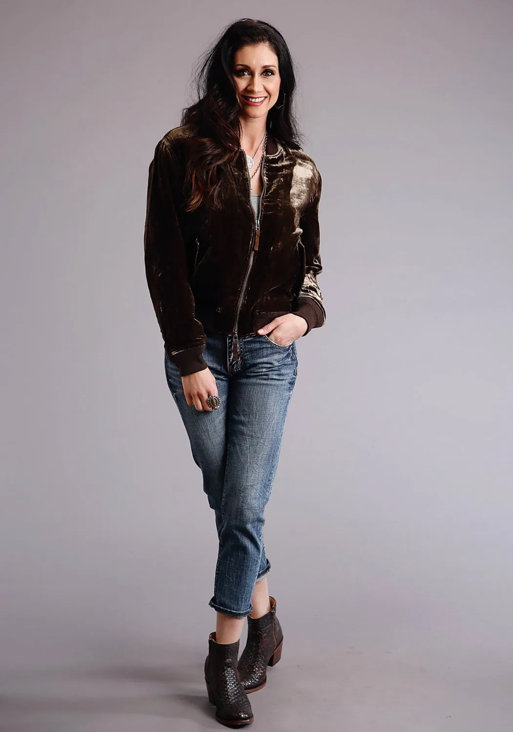 Artist Vibe Travel Outfit Stetson Womens Chocolate Bronze Rayon Velvet Bomber Jacket