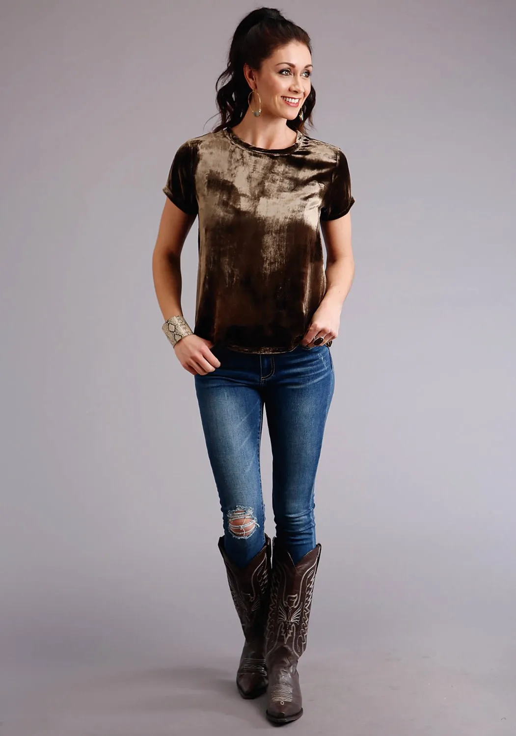 Vintage Style Workwear Essential Stetson Womens Chocolate Rayon Bronze Velvet S/S T-Shirt