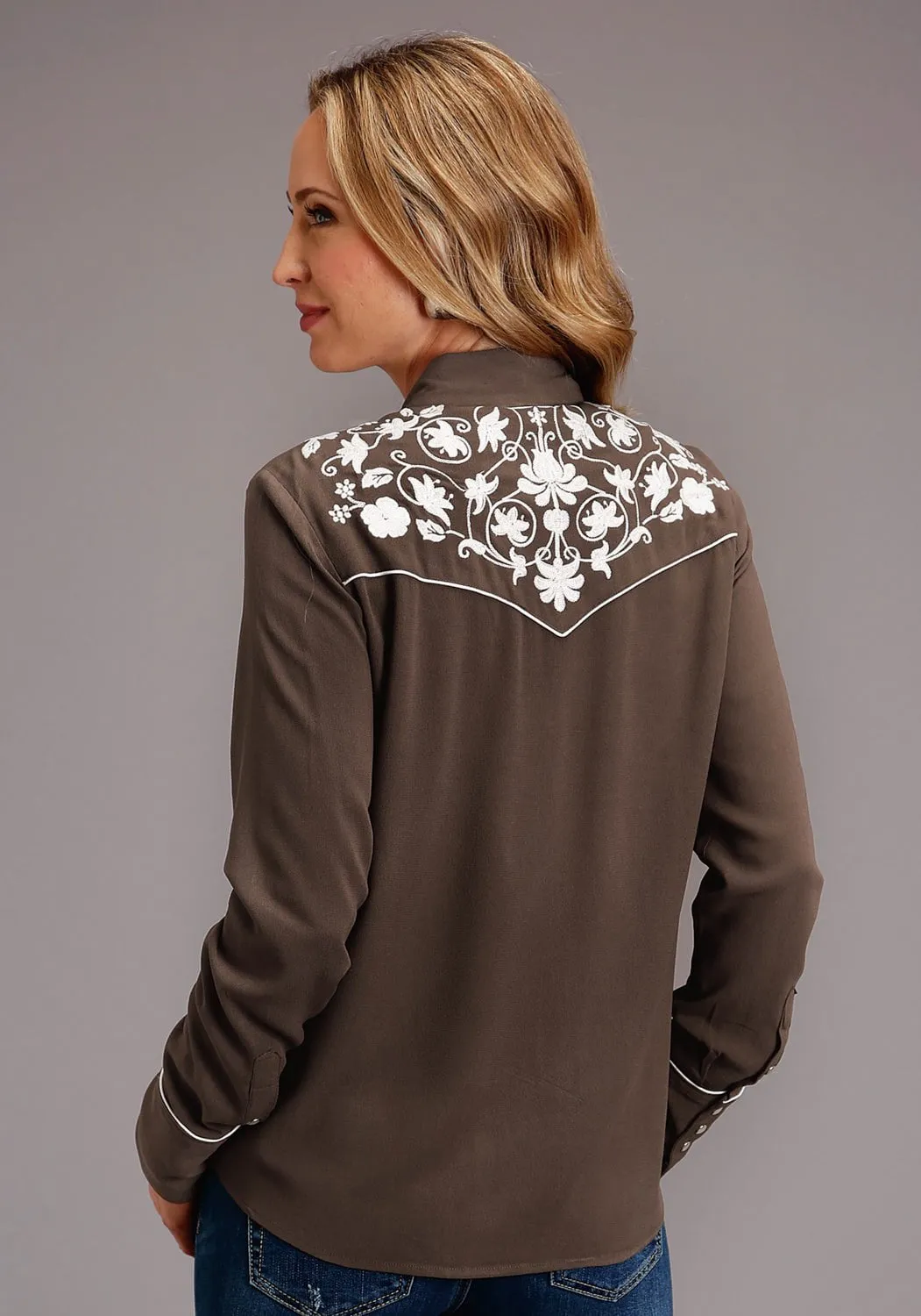 Low Profile Zipper Stetson Womens Chocolate Rayon/Nylon Western Embroidered L/S Blouse
