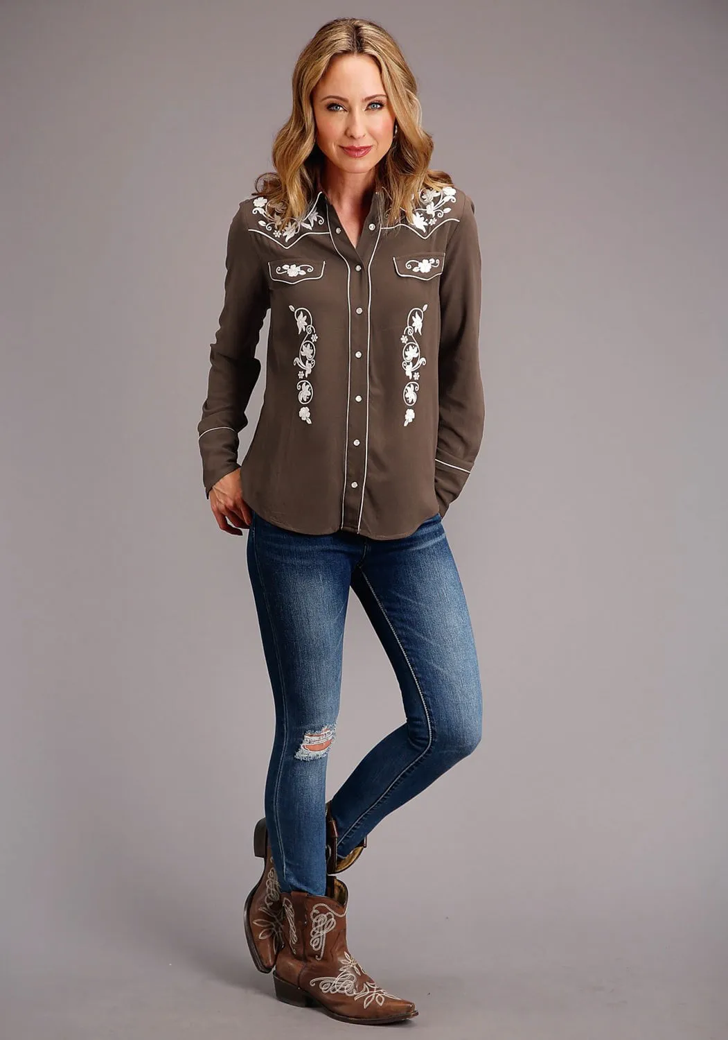 Street Style Effortless Waist Stetson Womens Chocolate Rayon/Nylon Western Embroidered L/S Blouse