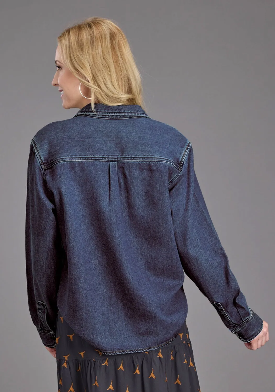 Stetson Womens Collared Oversized Dark Blue Tencel/Rayon L/S Shirt Cozy Fit