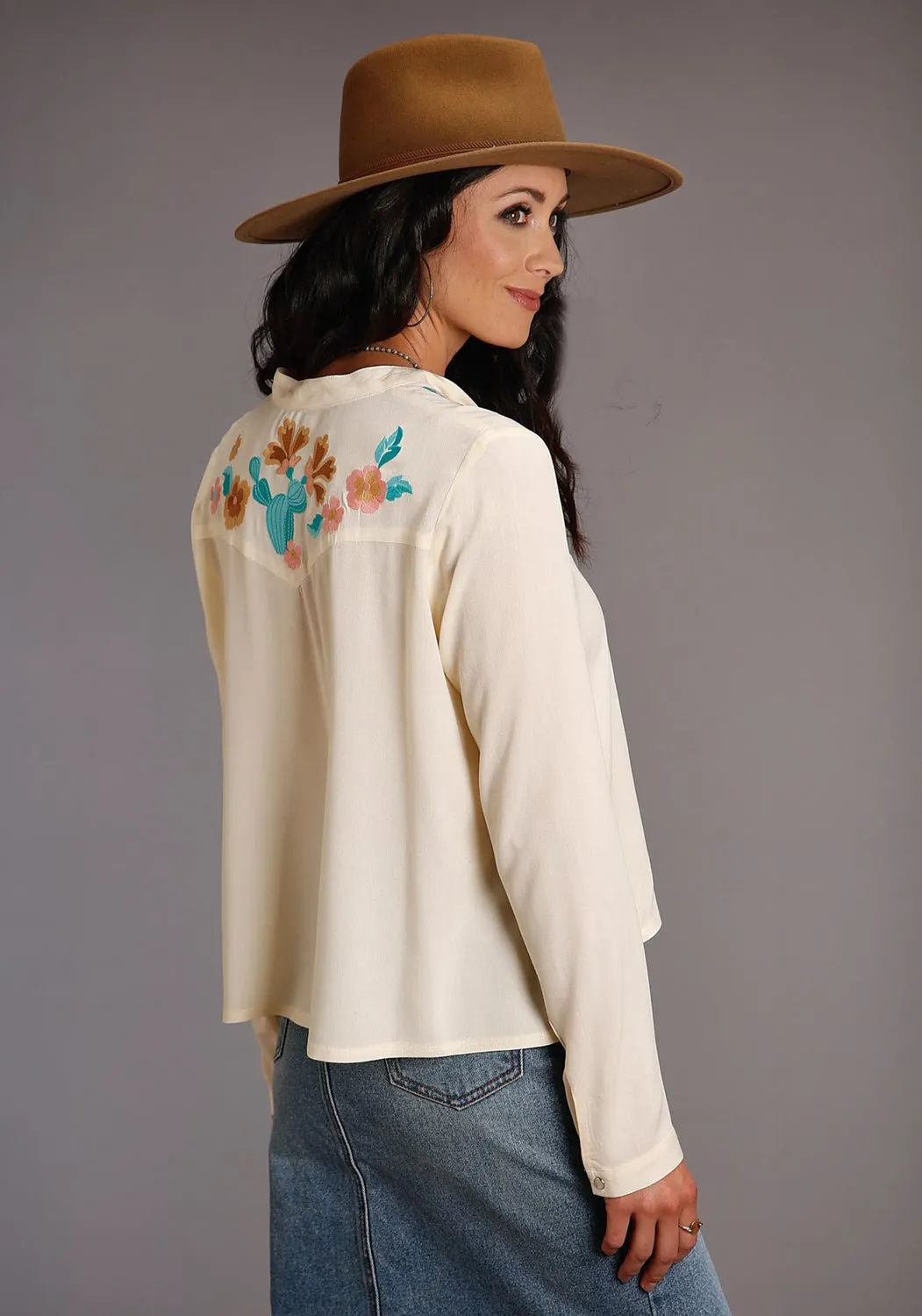 Functional Waistband Stetson Womens Cream Rayon/Nylon Angled Yokes L/S Blouse