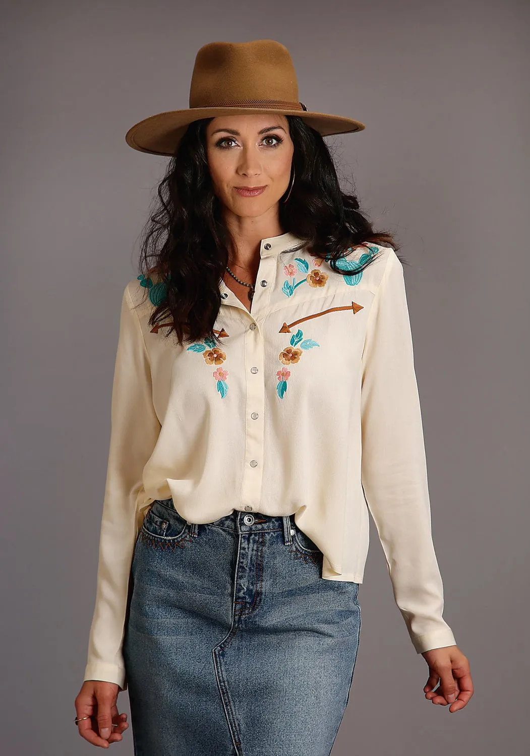 Stetson Womens Cream Rayon/Nylon Angled Yokes L/S Blouse Functional Fit