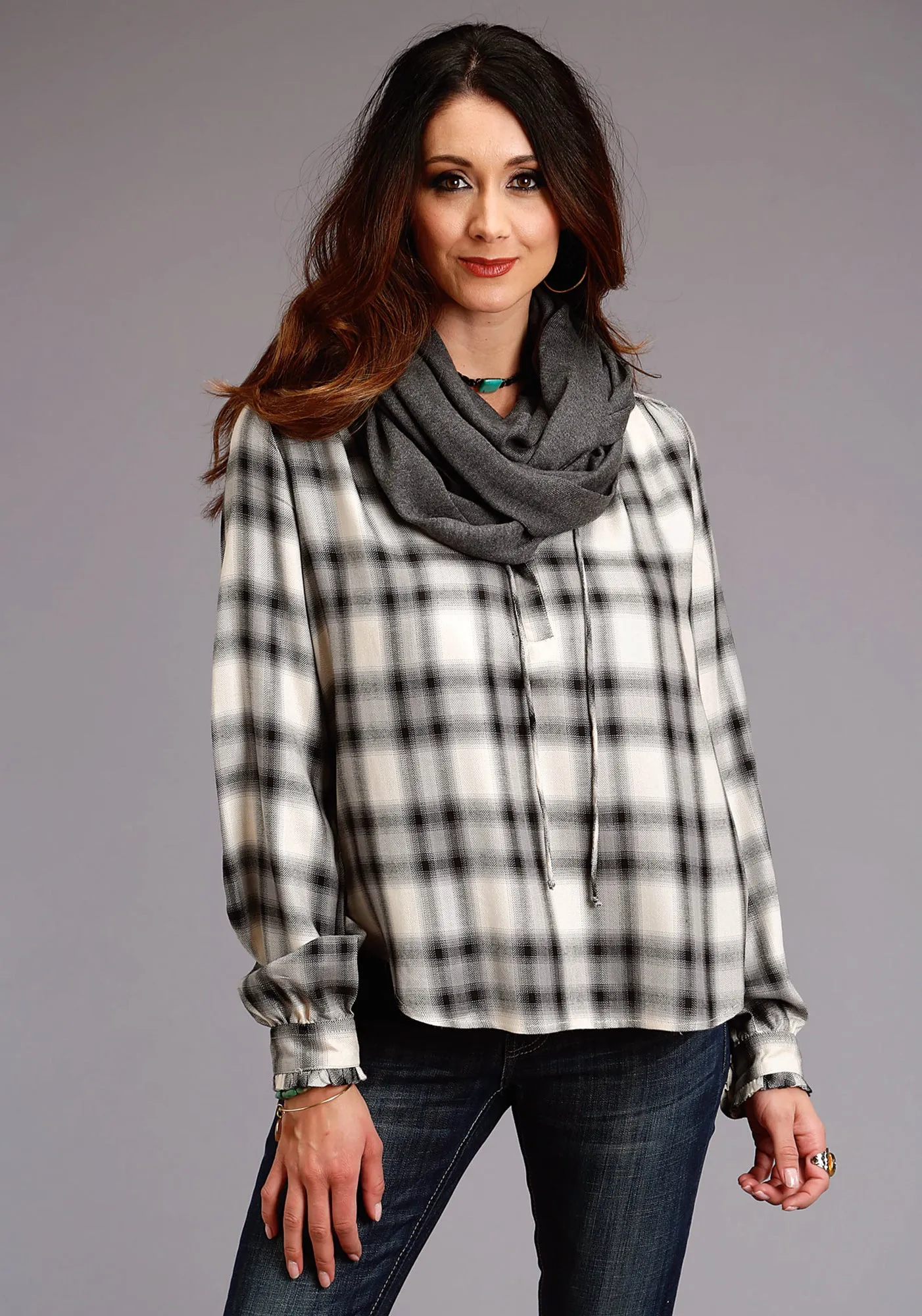 Music Event Smooth Casual Stetson Womens Cream Rayon/Nylon Ash Plaid L/S Blouse