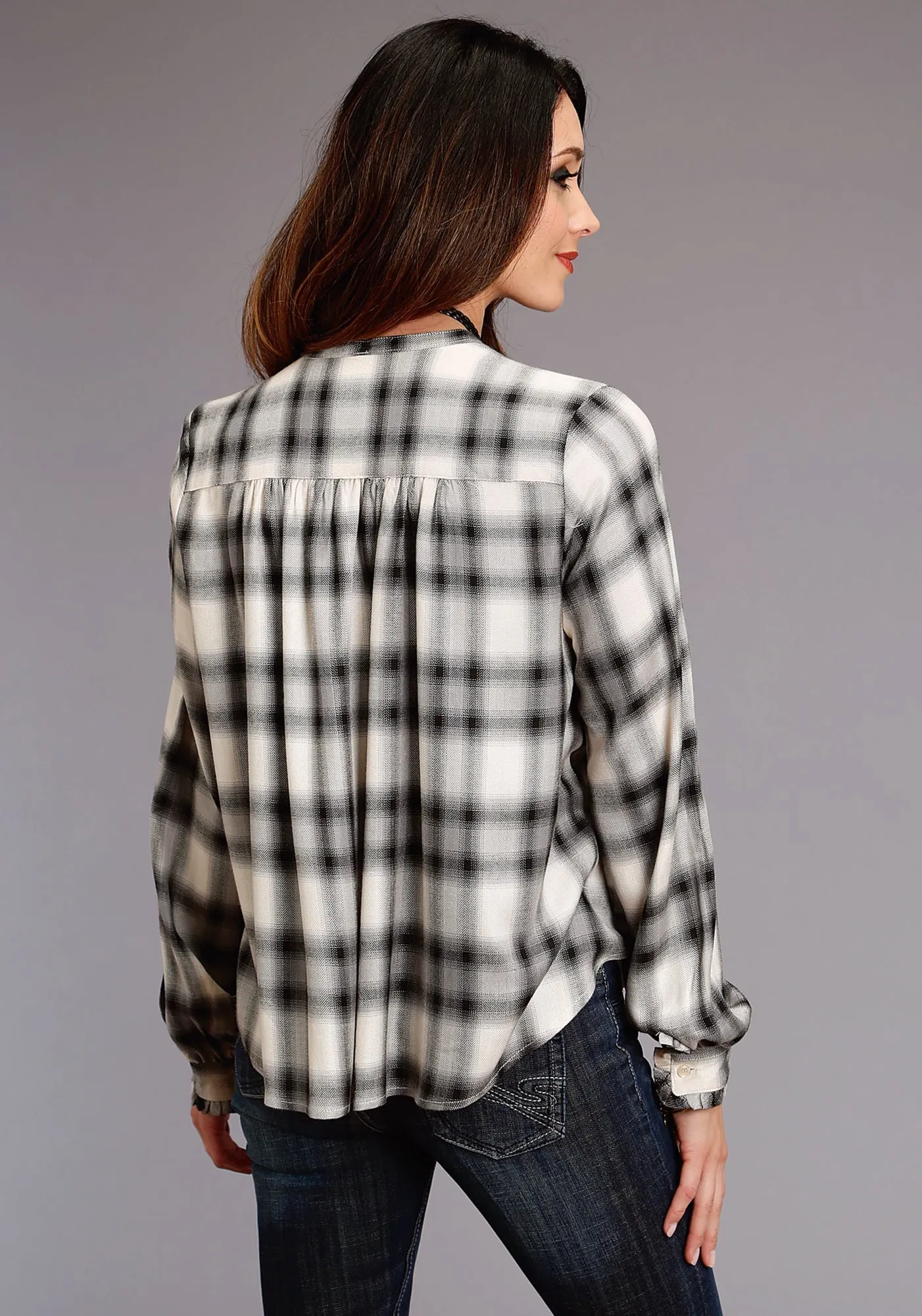 Comfy Design Style Fashion Lover Durable Minimalist Style Stetson Womens Cream Rayon/Nylon Ash Plaid L/S Blouse