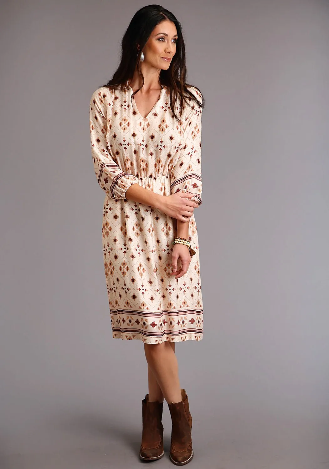 Subtle design Stetson Womens Cream Rayon/Nylon Gaucho Border 3/4 Sleeve Dress
