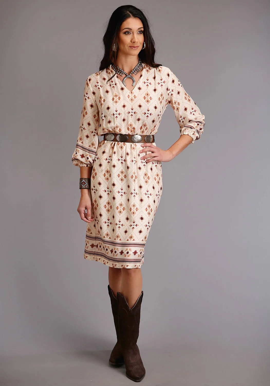 Casual Street Slim Cut Stetson Womens Cream Rayon/Nylon Gaucho Border 3/4 Sleeve Dress