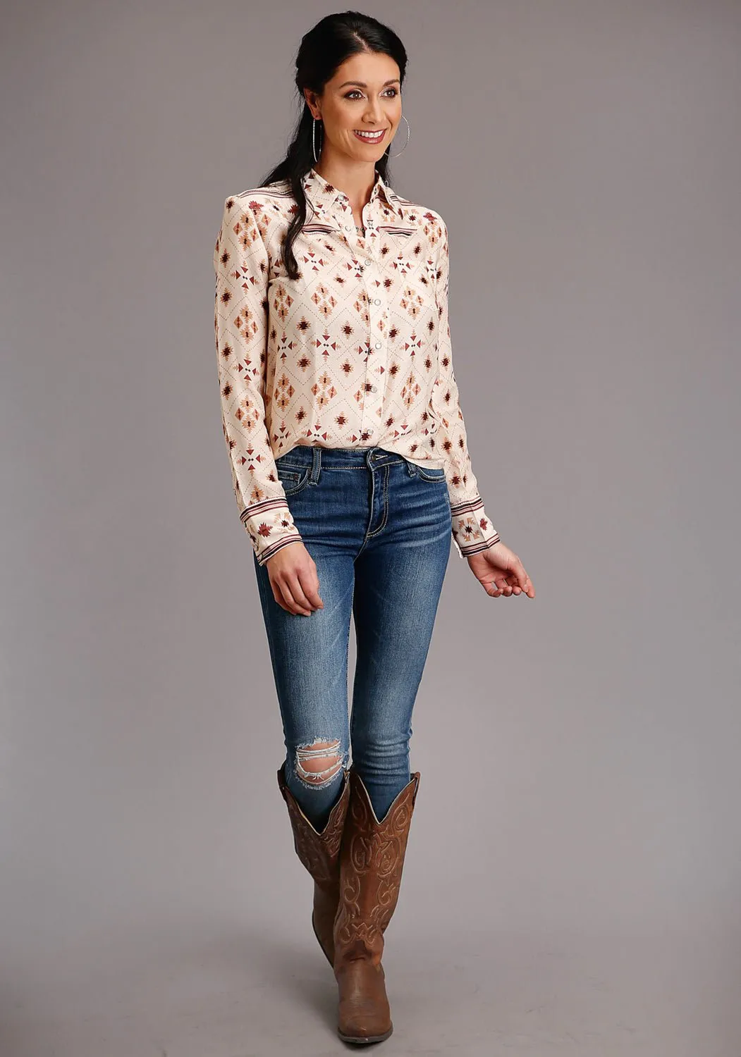 Stetson Womens Cream Rayon/Nylon Gaucho Border L/S Blouse Sunny Vibes Casual