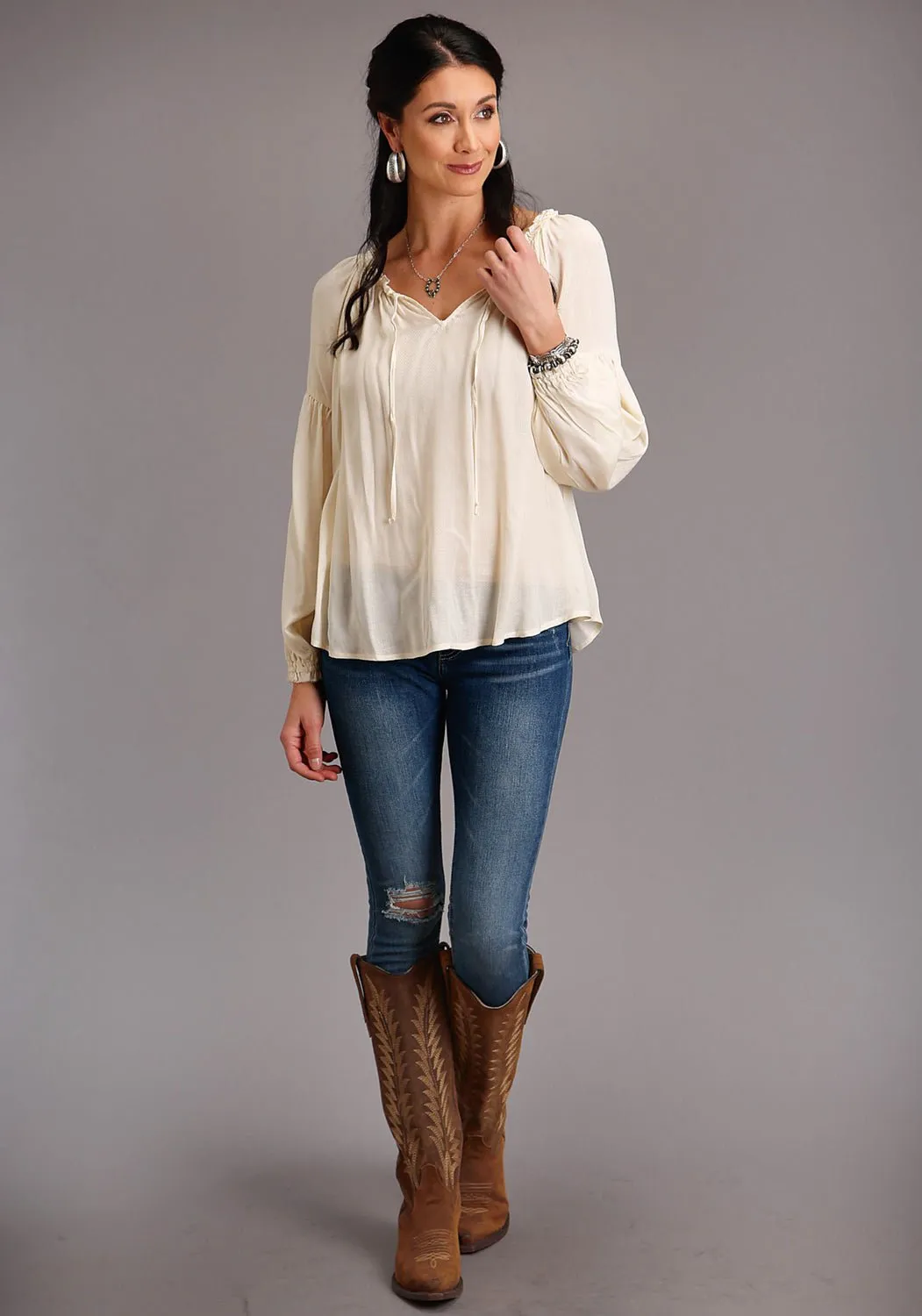 Stetson Womens Cream Rayon/Nylon Herringbone L/S Blouse Hidden Rivet Details Comfortable Choice