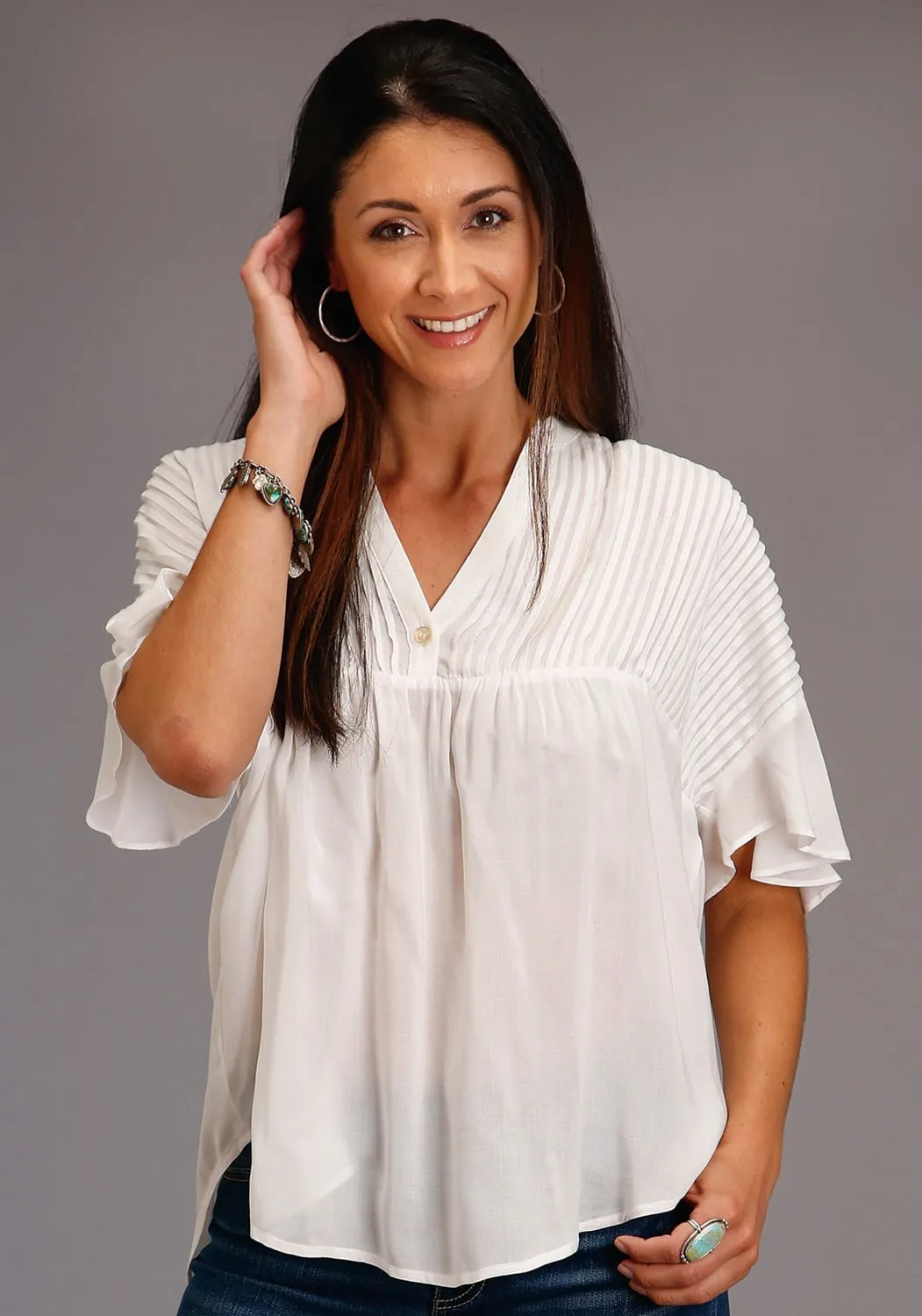 Lakeside Relaxation Fade Resistant Formula Stetson Womens Cream Rayon/Nylon V-Placket S/S Blouse