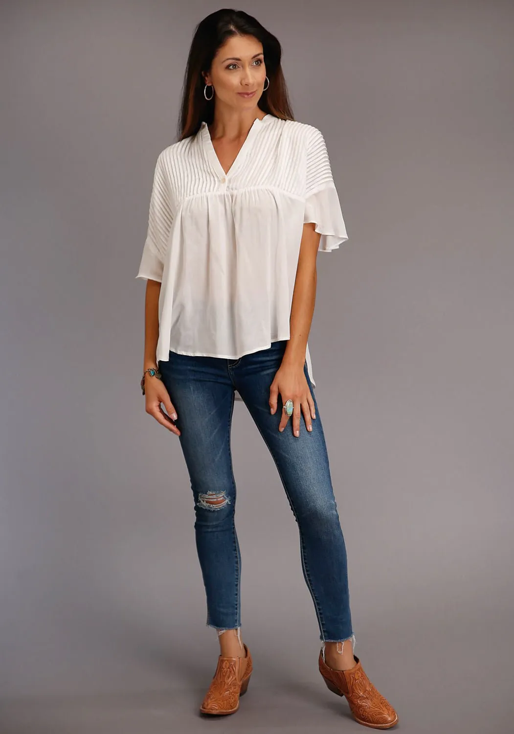Summer Camp Stetson Womens Cream Rayon/Nylon V-Placket S/S Blouse