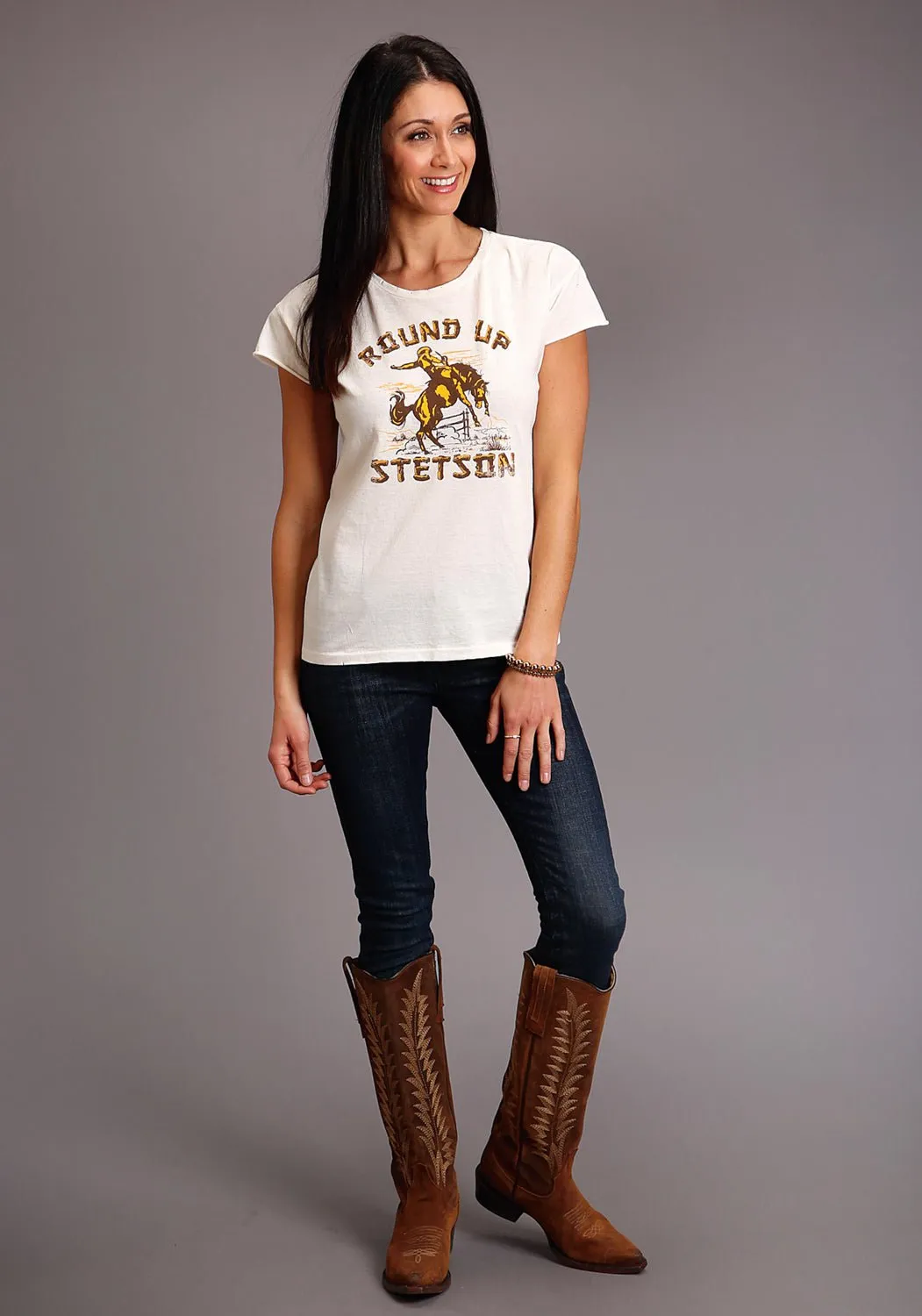 Stretchable Fabric Stetson Womens Cream/White 100% Cotton Round Up S/S T-Shirt