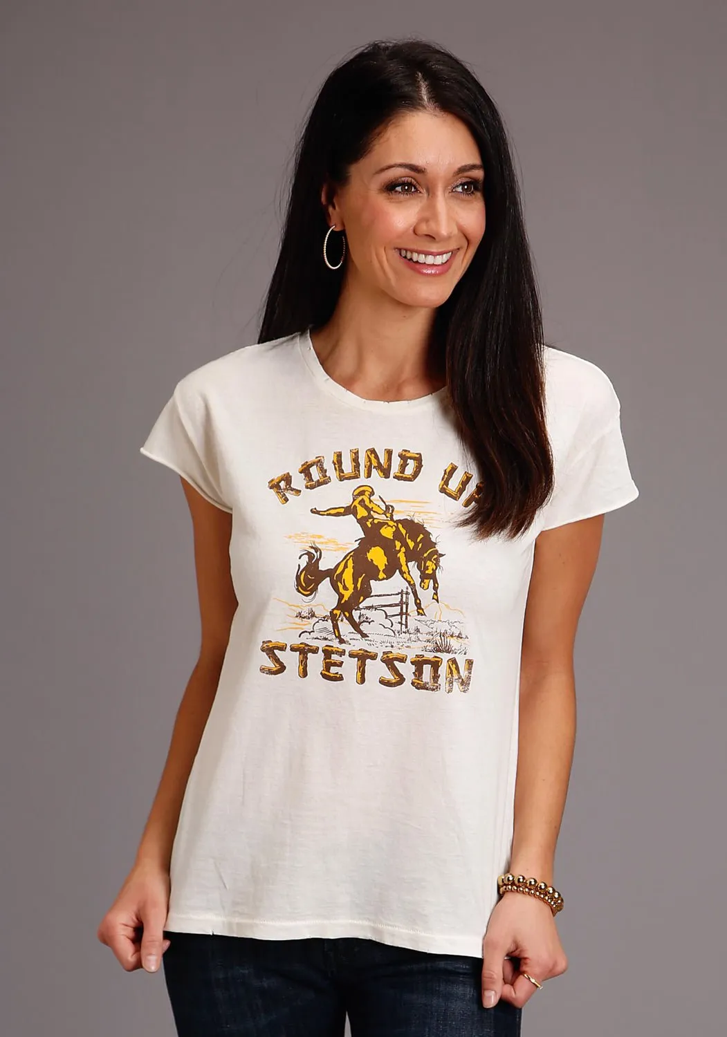 Stetson Womens Cream/White 100% Cotton Round Up S/S T-Shirt Water Repellent Finish Chic Comfort