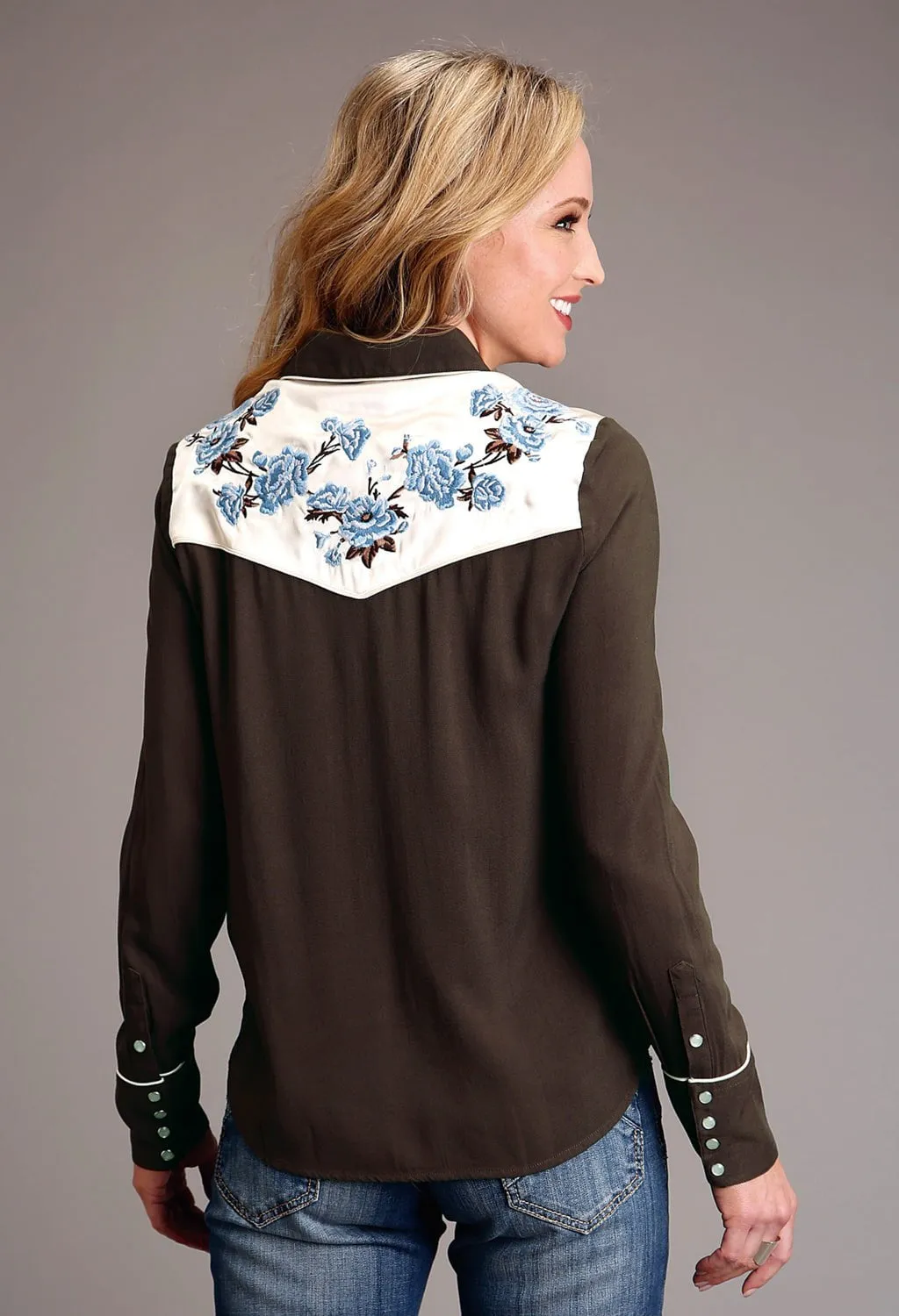 Stetson Womens Curvy Floral Brown 100% Rayon L/S Shirt Reinforced Elasticity