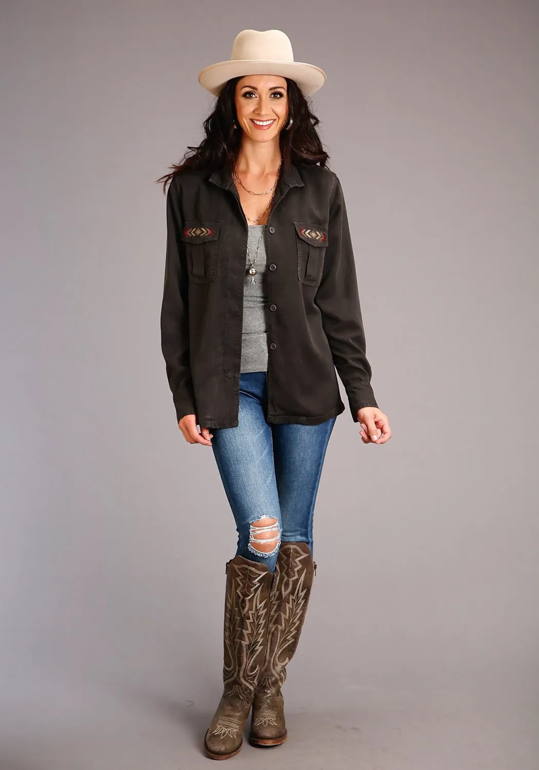 Trend Neutral Stetson Womens Dark Charcoal Denim Button Front Jacket