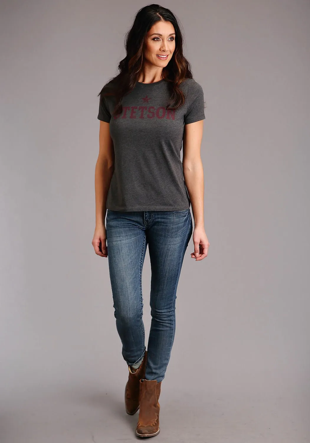 Active Comfort Stetson Womens Dark Grey Cotton Blend Dark Red Star S/S T-Shirt
